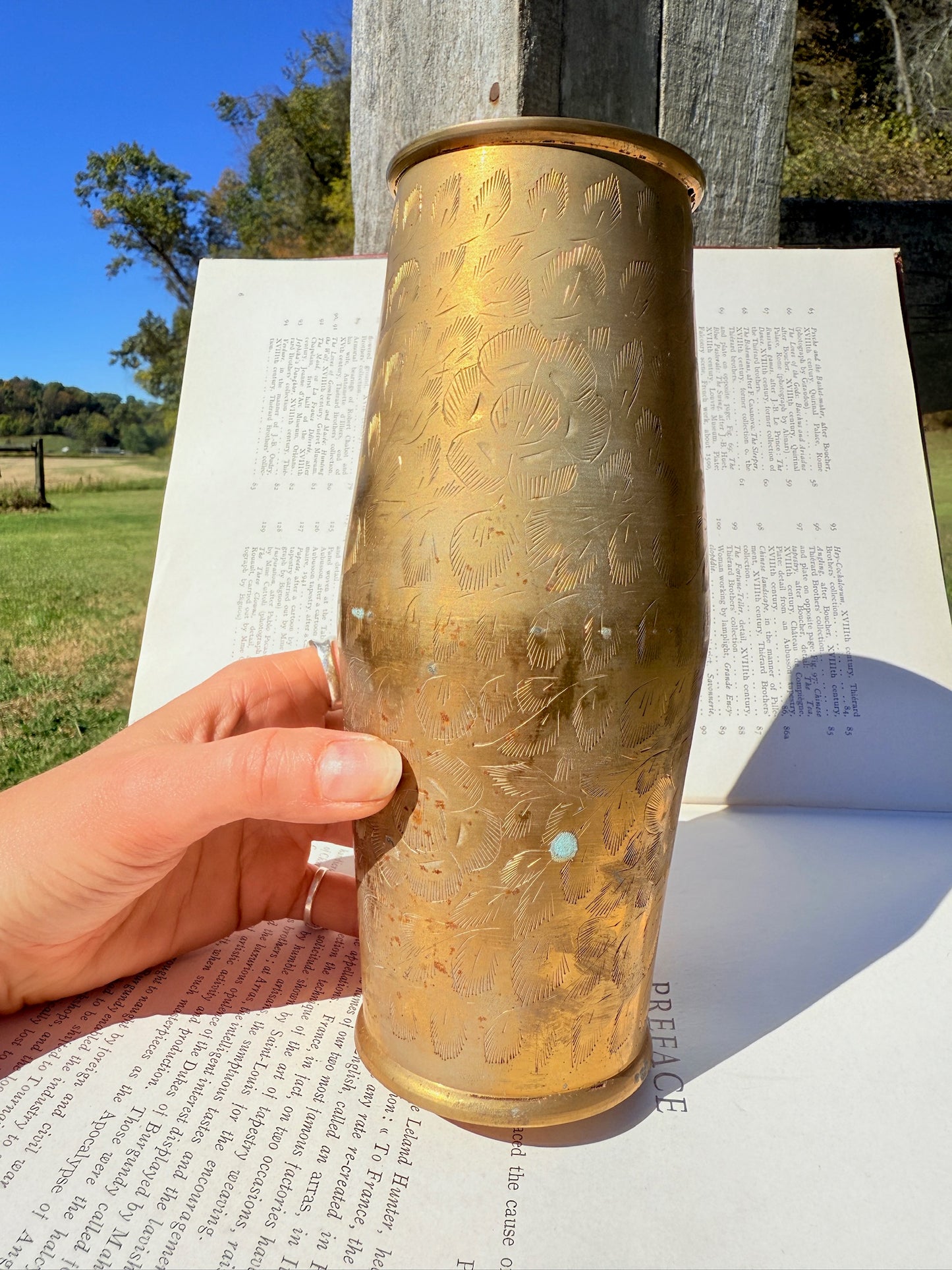 Vintage 1950s Solid Brass Etched Floral Vase