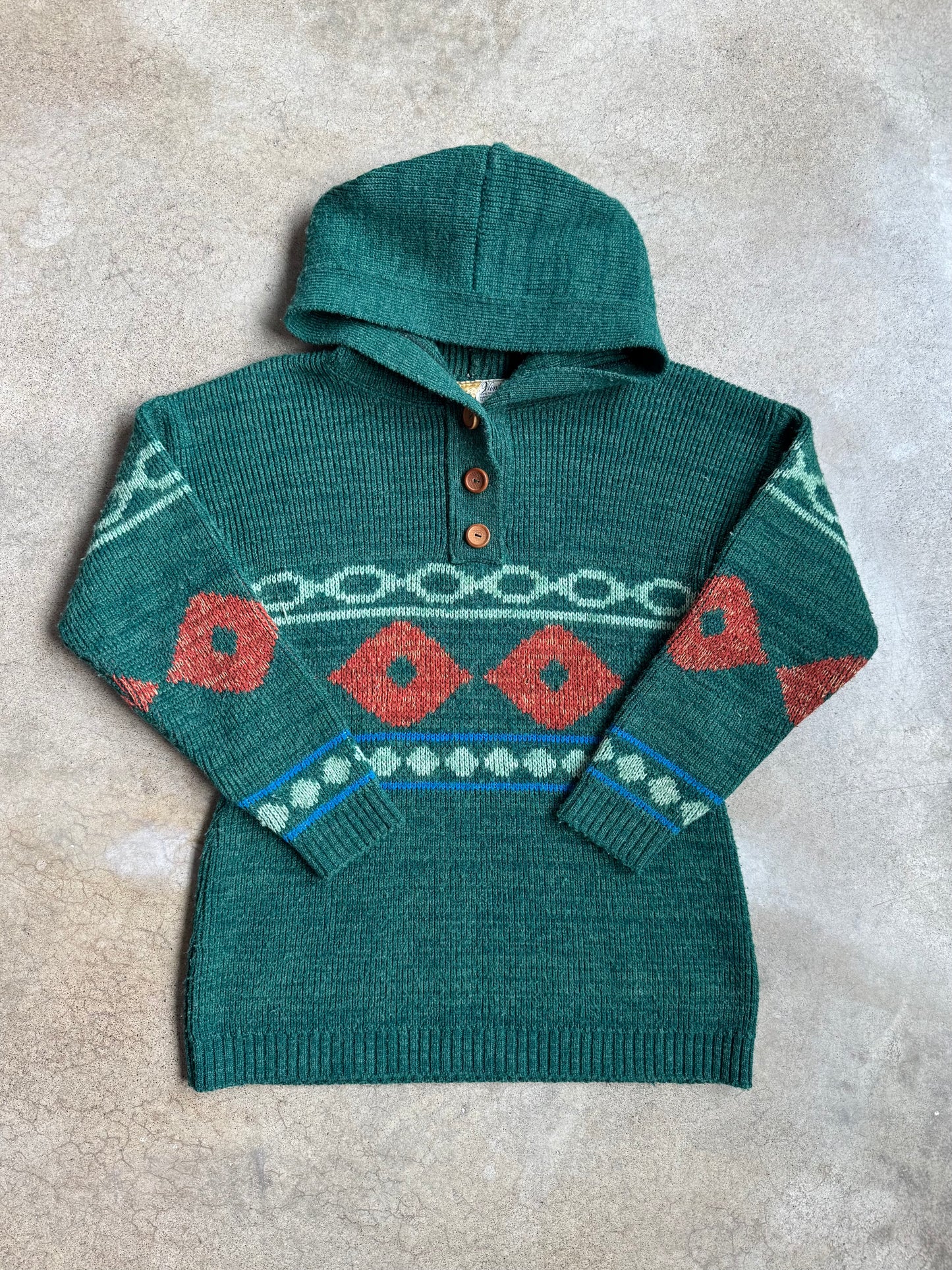 Vintage 1960s Sabra Wintuk Green Southwest Pattern Hooded Sweater | Small