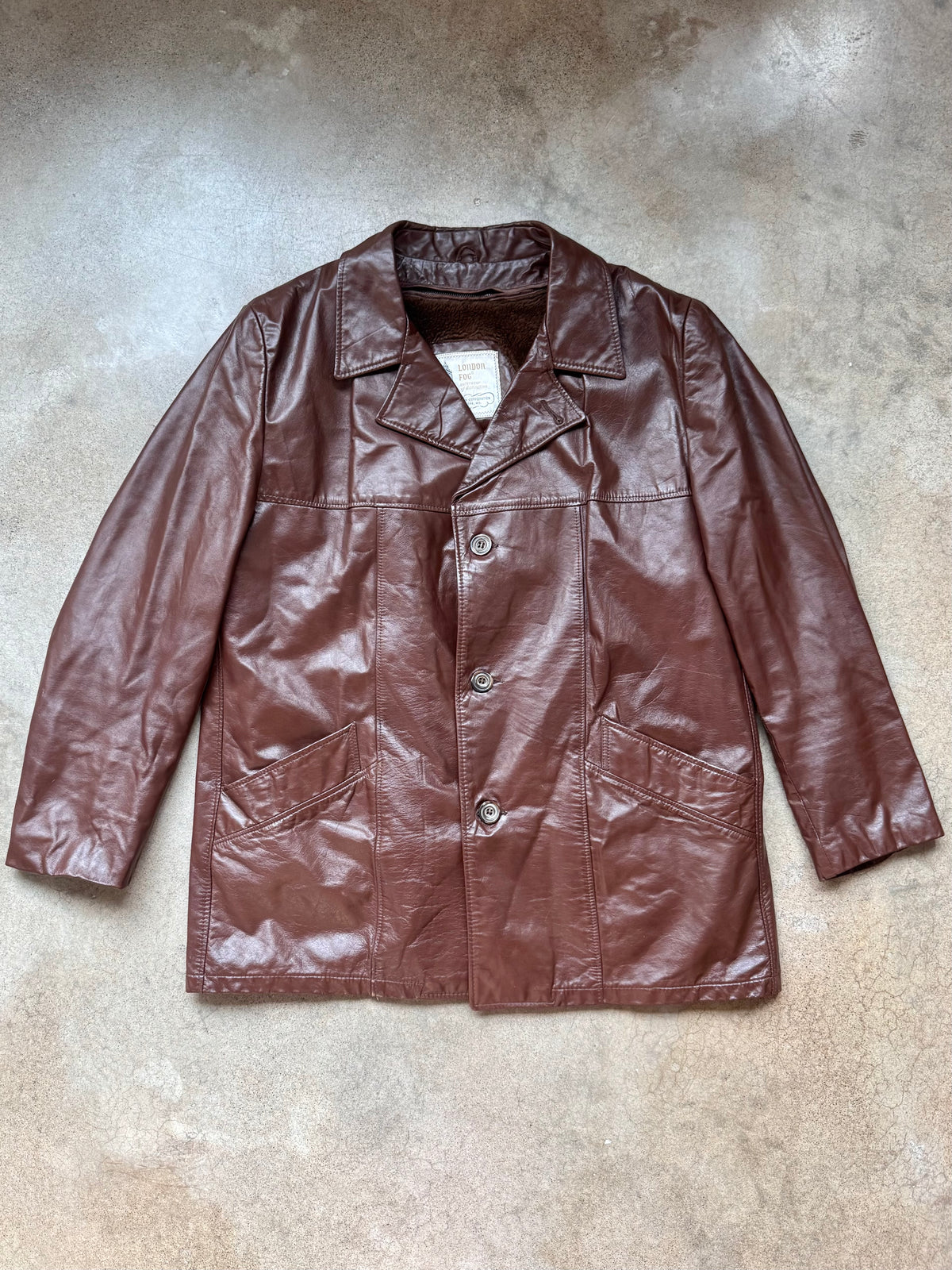 Vintage 1970s London Fog Brown Faux Fur Lined Leather Jacket | 46R