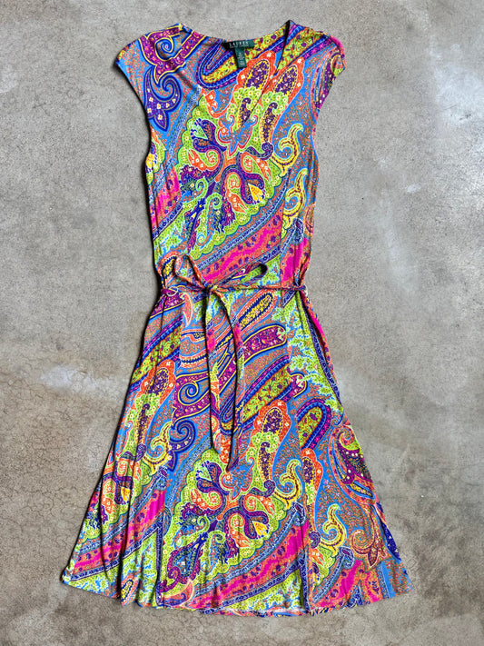 2000s Lauren Ralph Lauren Vibrant Paisley Tie-Waist Sleeveless Dress | Medium