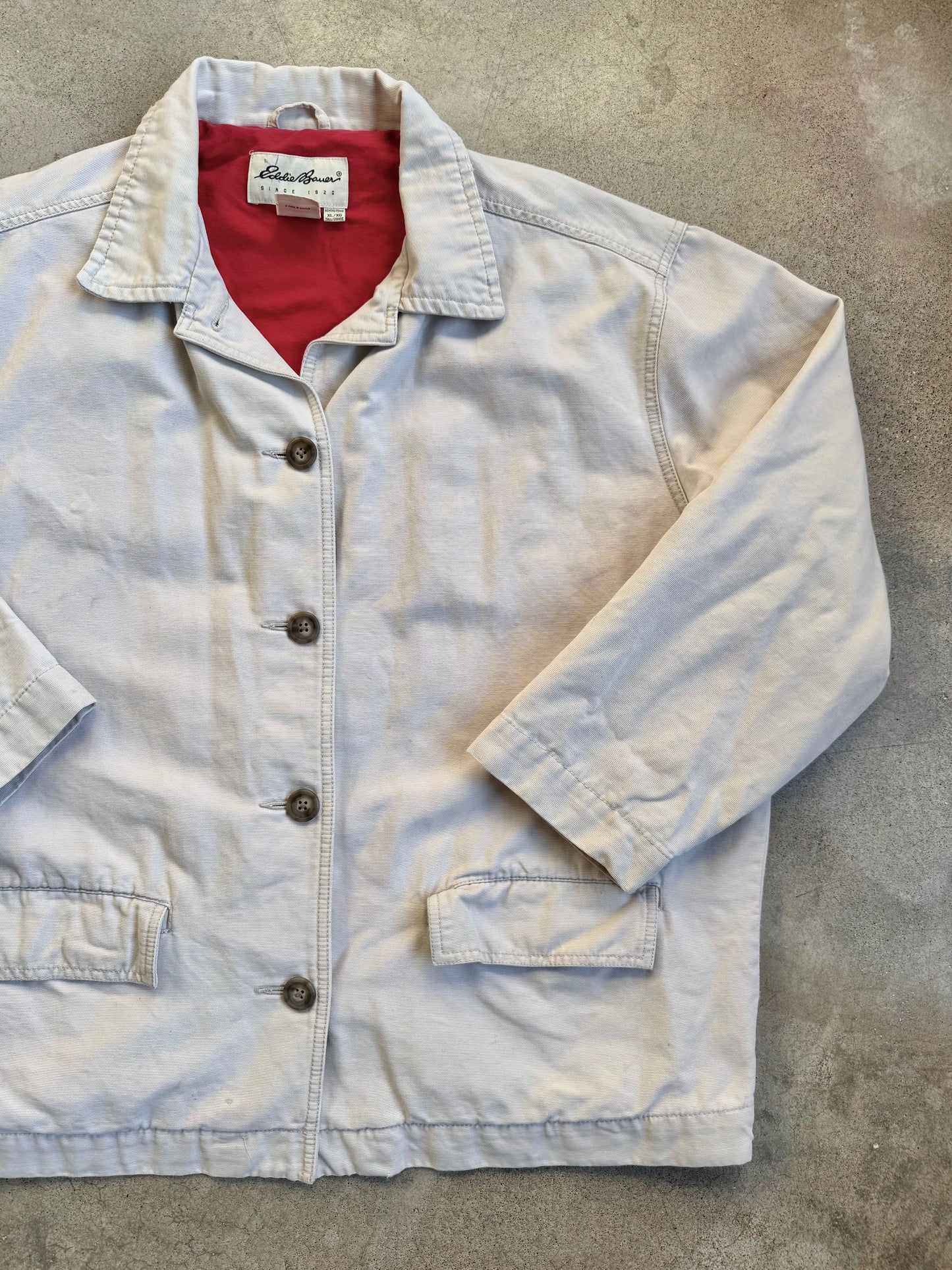 Vintage 1990s Eddie Bauer Beige Canvas Red Lined Chore Jacket | XL