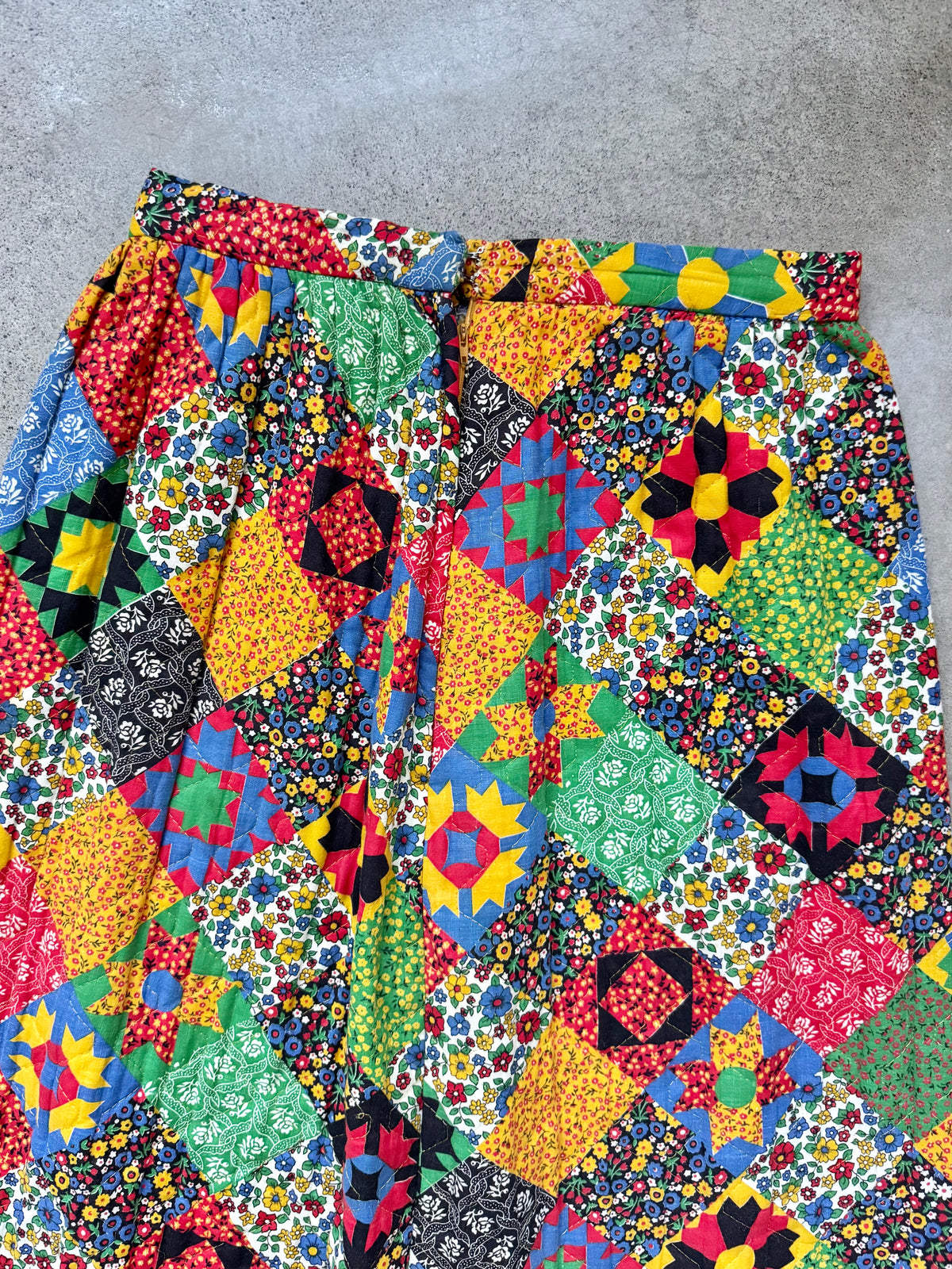 Vintage 1960s Handmade Patchwork Quilted Maxi Skirt | Waist 28”