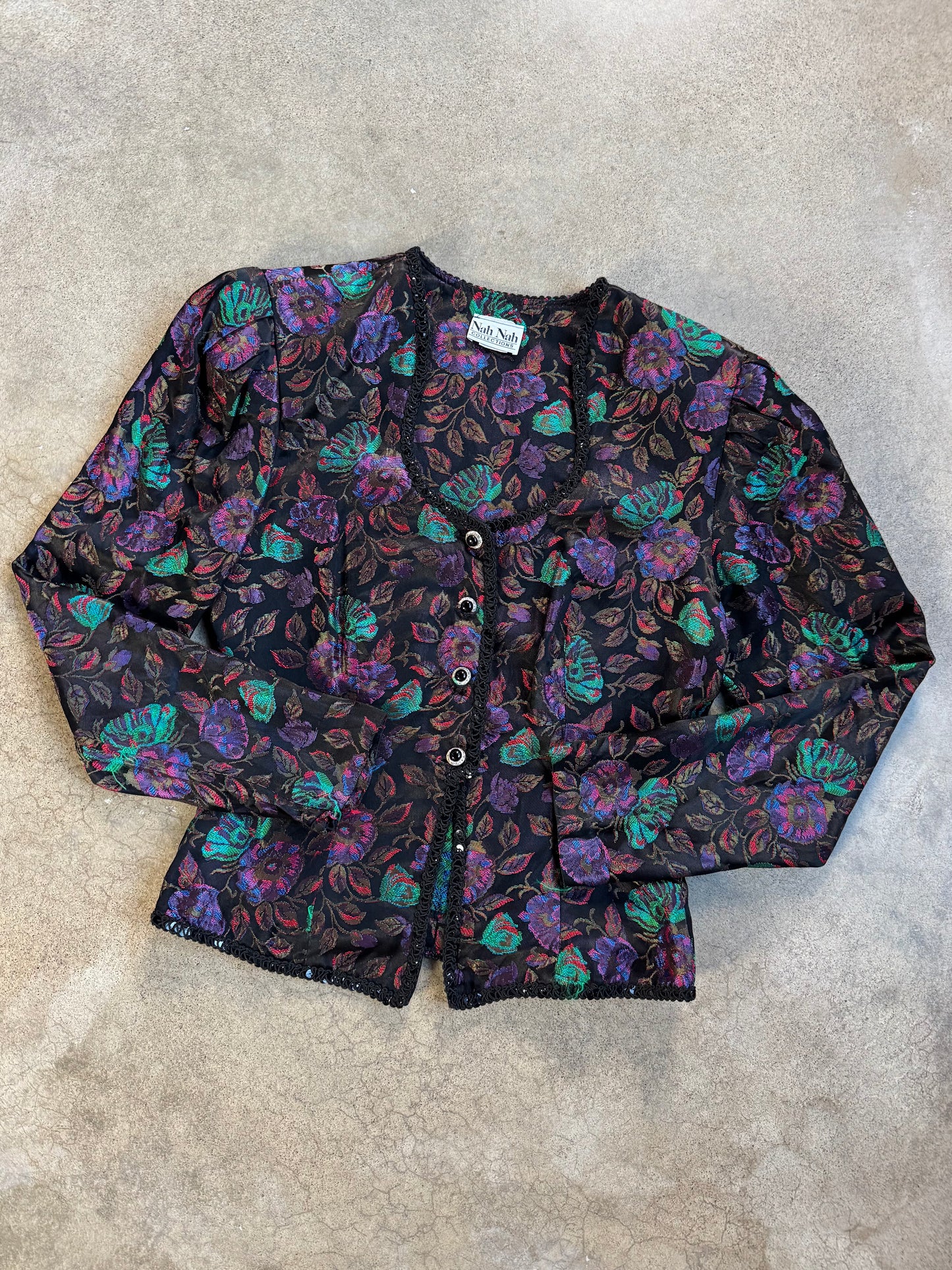 Vintage 1980s Nah Nah Collections Floral Brocade Puff Sleeve Blouse | Medium