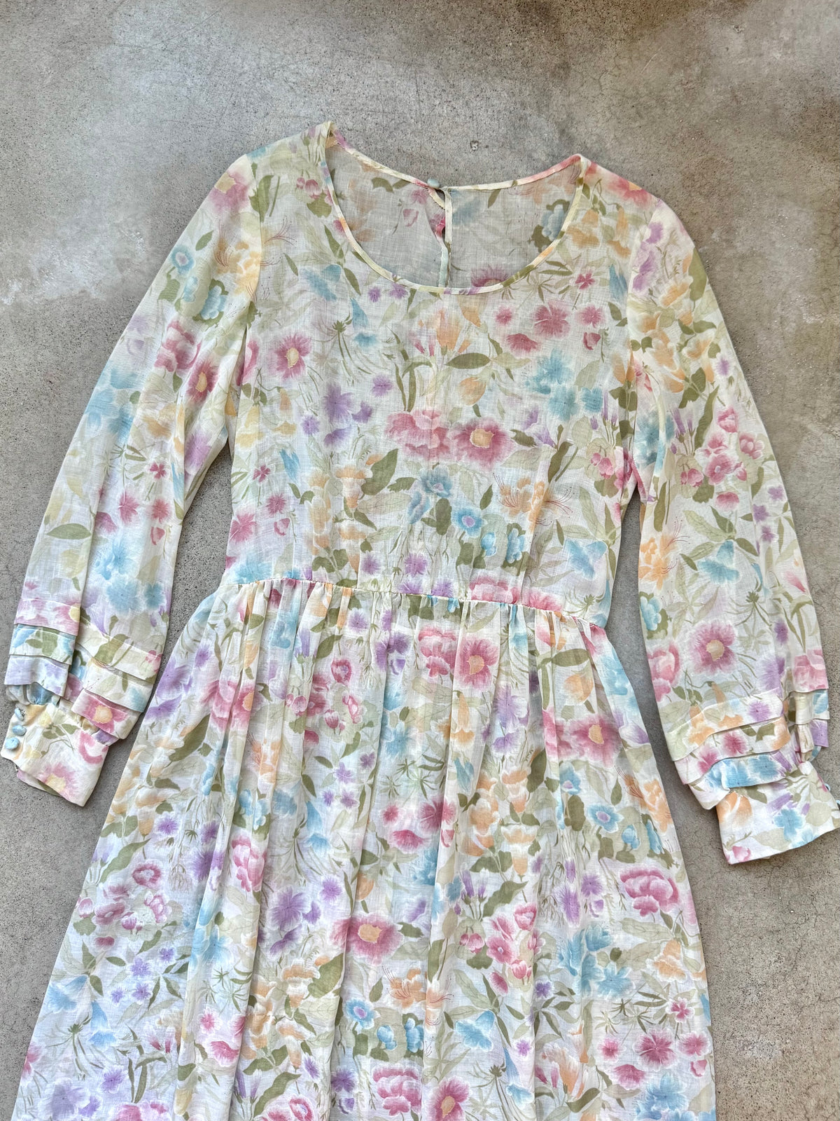 Vintage 1970s Handmade Sheer Pastel Floral Tie-Waist Maxi Dress | Small