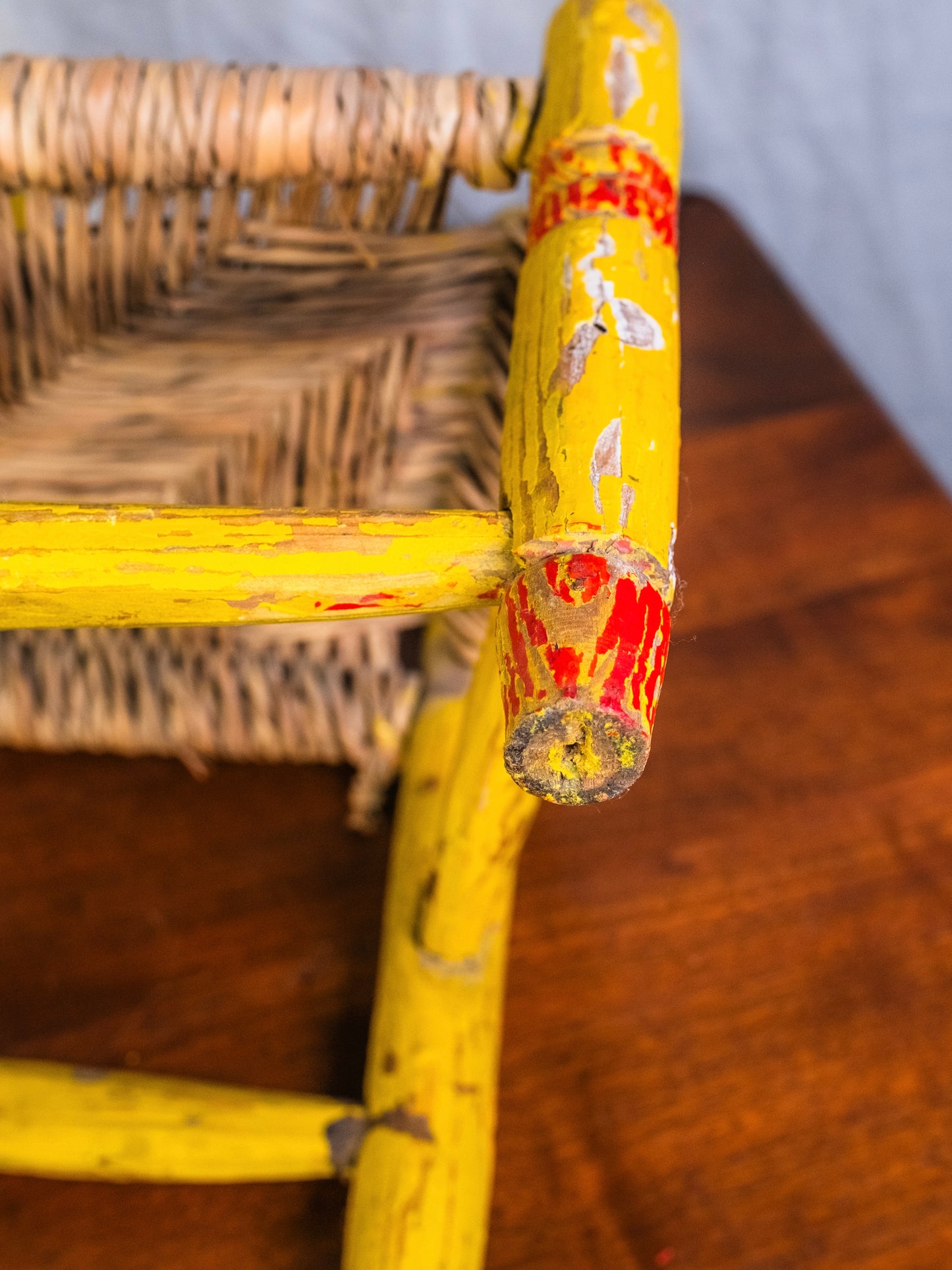 Vintage Mexican Folk Art Yellow Floral Painted Straw Woven Children's Chair