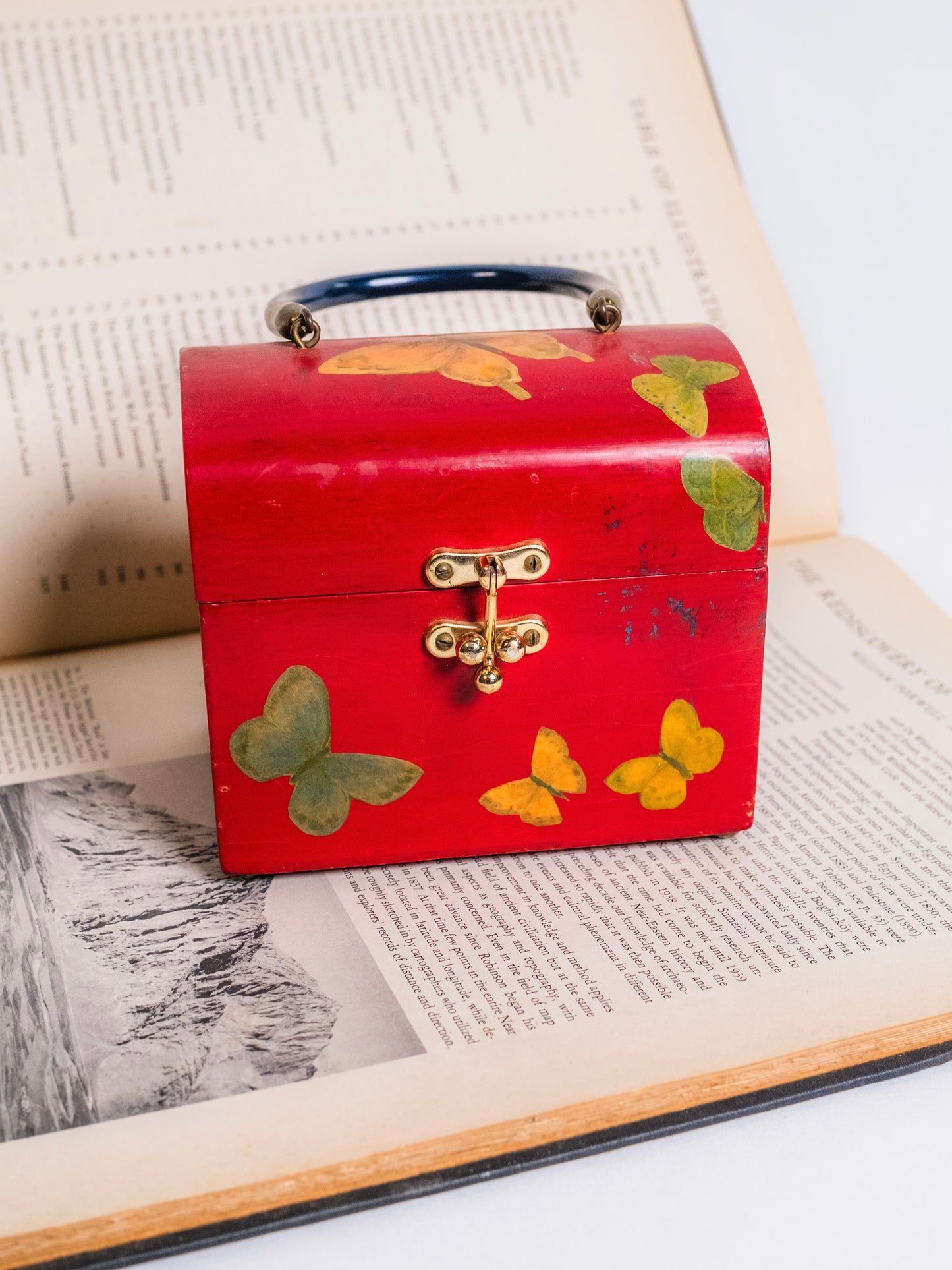 Vintage 1960s Handmade Butterfly Pattern Top Handle Wooden Purse