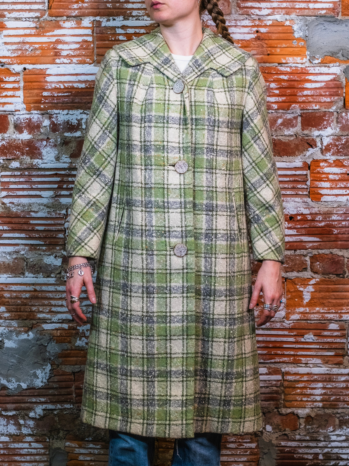 Vintage 1960s Betty Rose Green Plaid Wool Tweed Overcoat | S/M