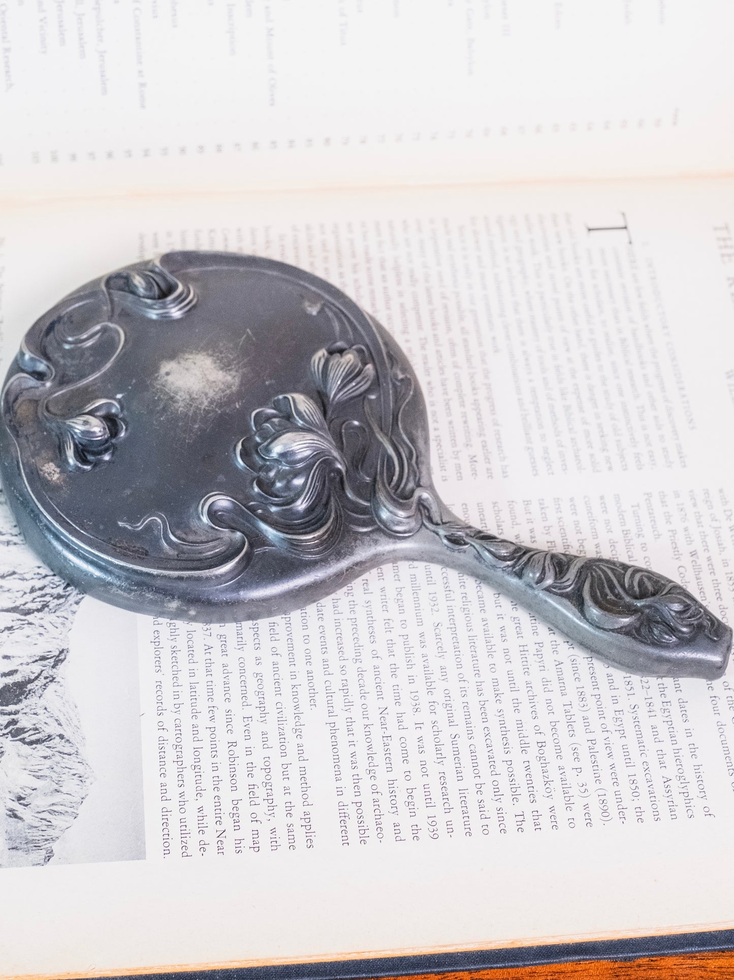 Antique Victorian Era Metal Floral Stamped Hand Mirror