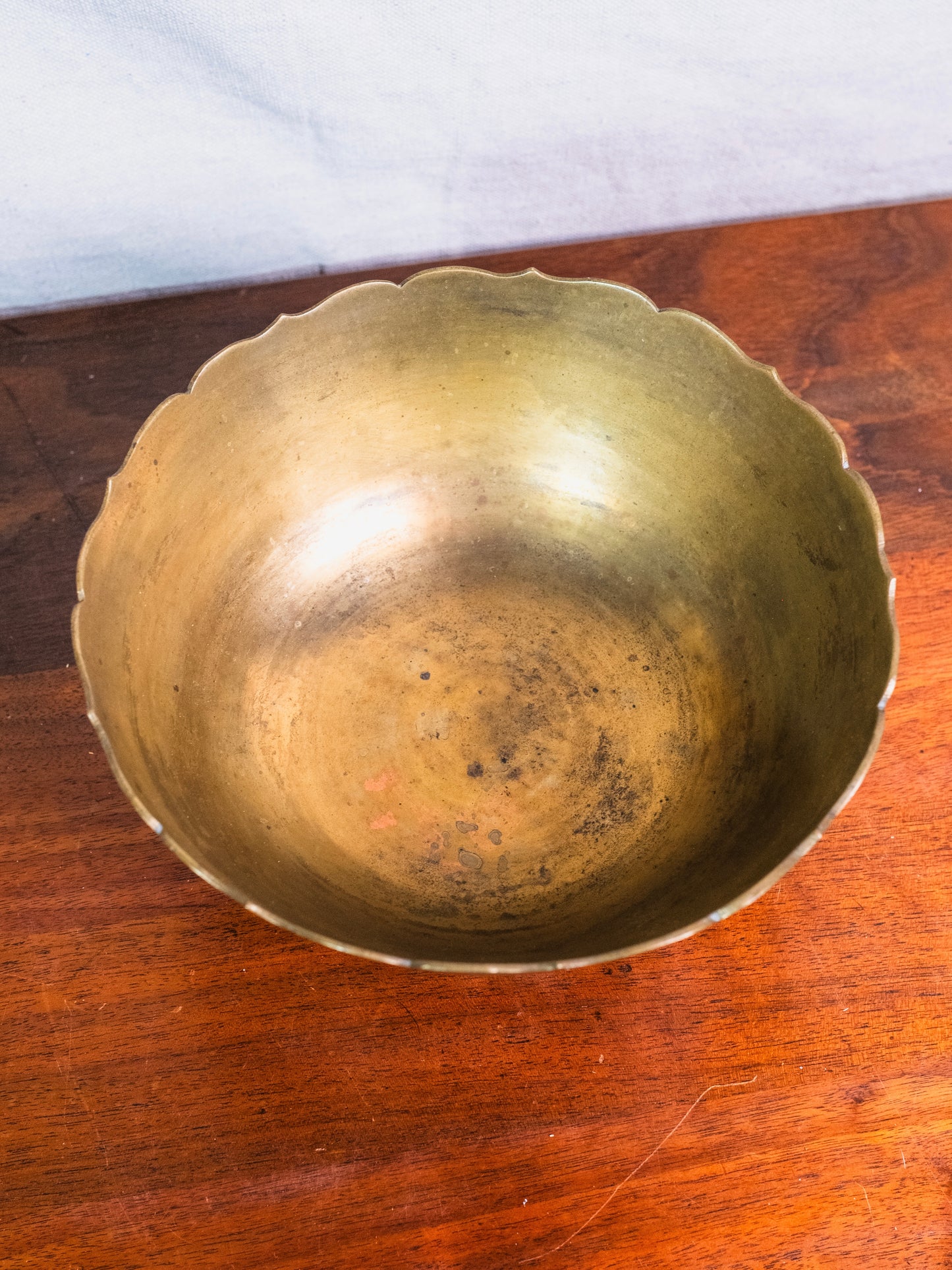 Vintage 1950s Solid Brass Etched Pedestal Bowl