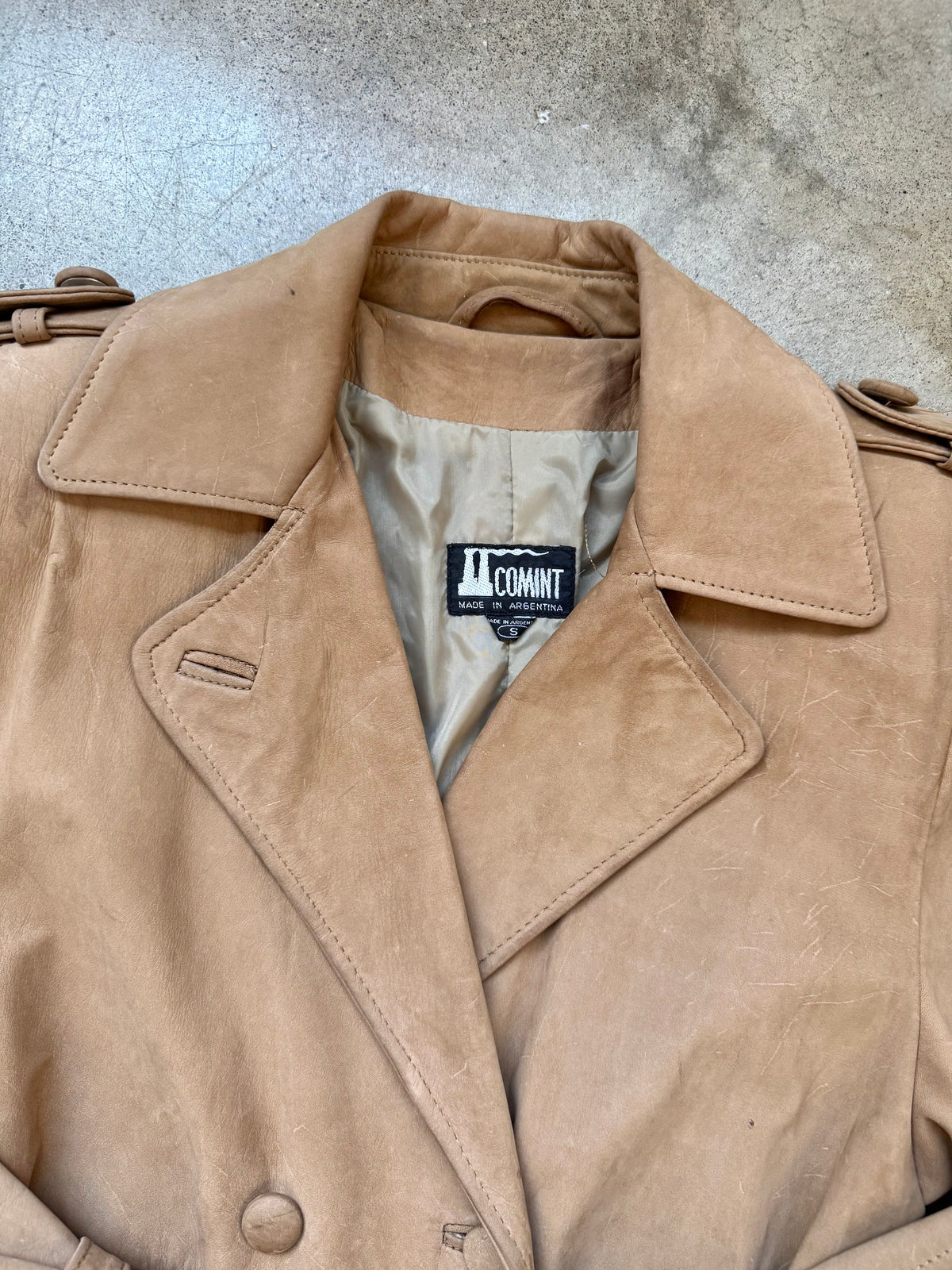 Vintage Comint Tan Suede Leather Belted Trench Coat | Small