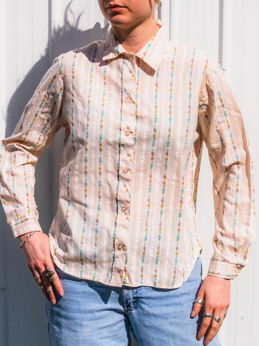 Vintage 1970s Peach Floral Stripe Button-Up Shirt | Small