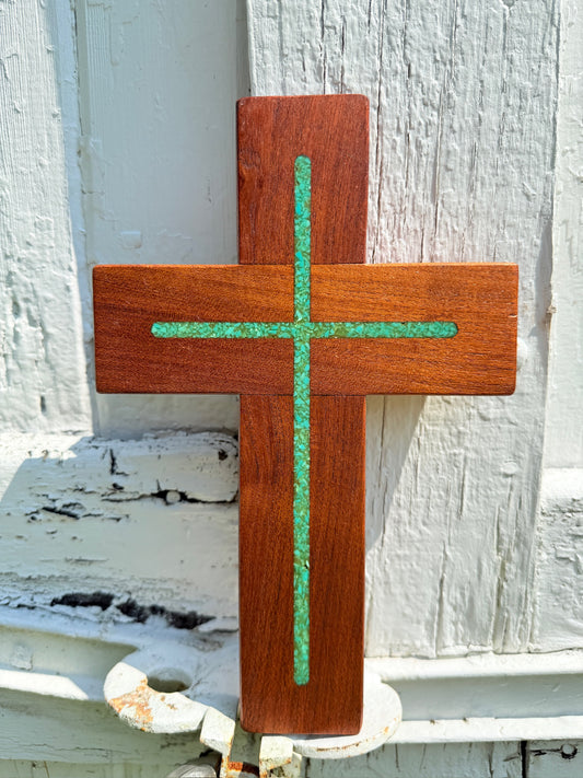 Vintage 1960s Wood & Turquiose Inlay Cross Wall Hanging