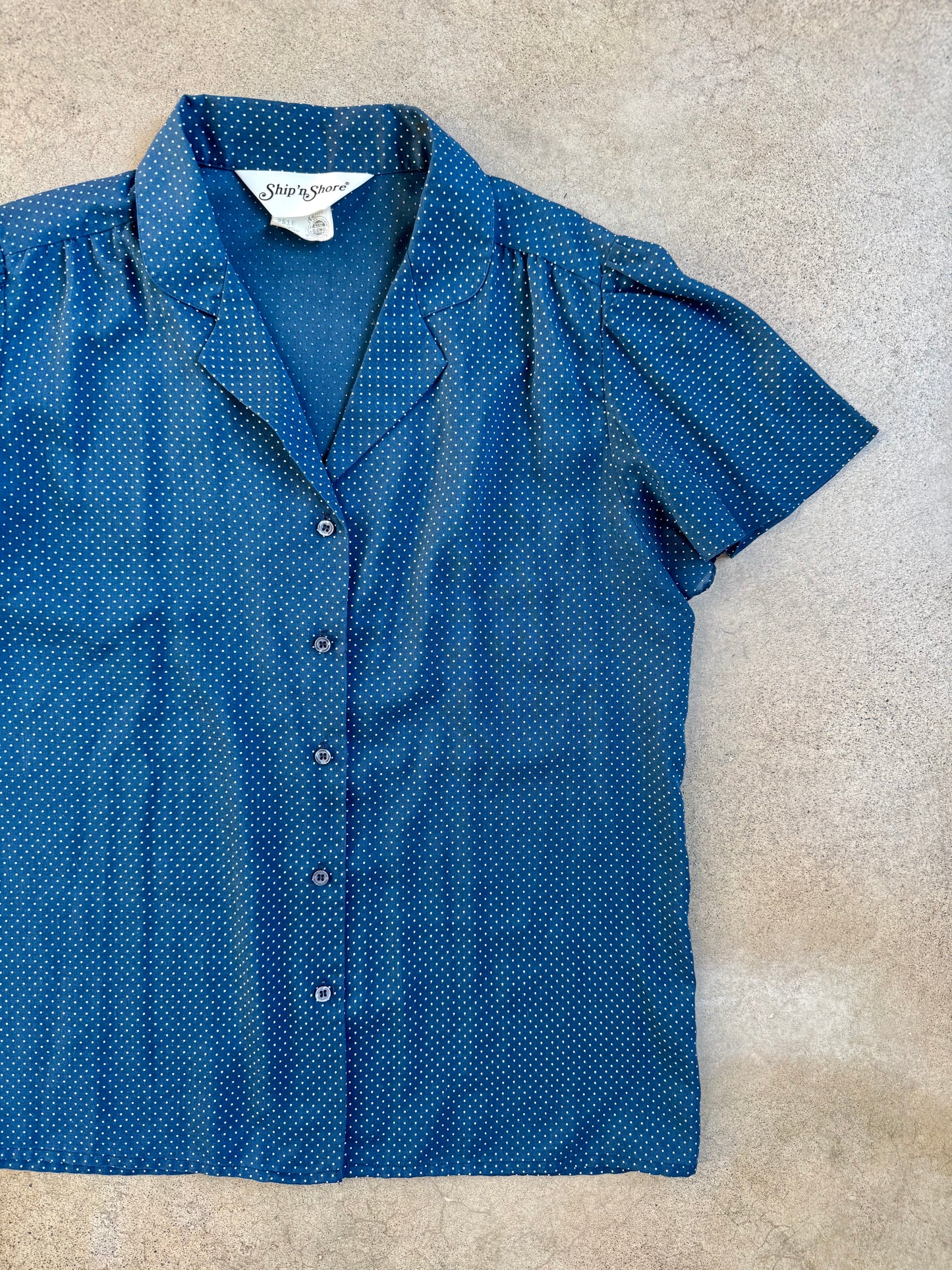 Vintage 1970s Ship'n Shore Blue & White Polka Dot Short Sleeve Blouse | S/M