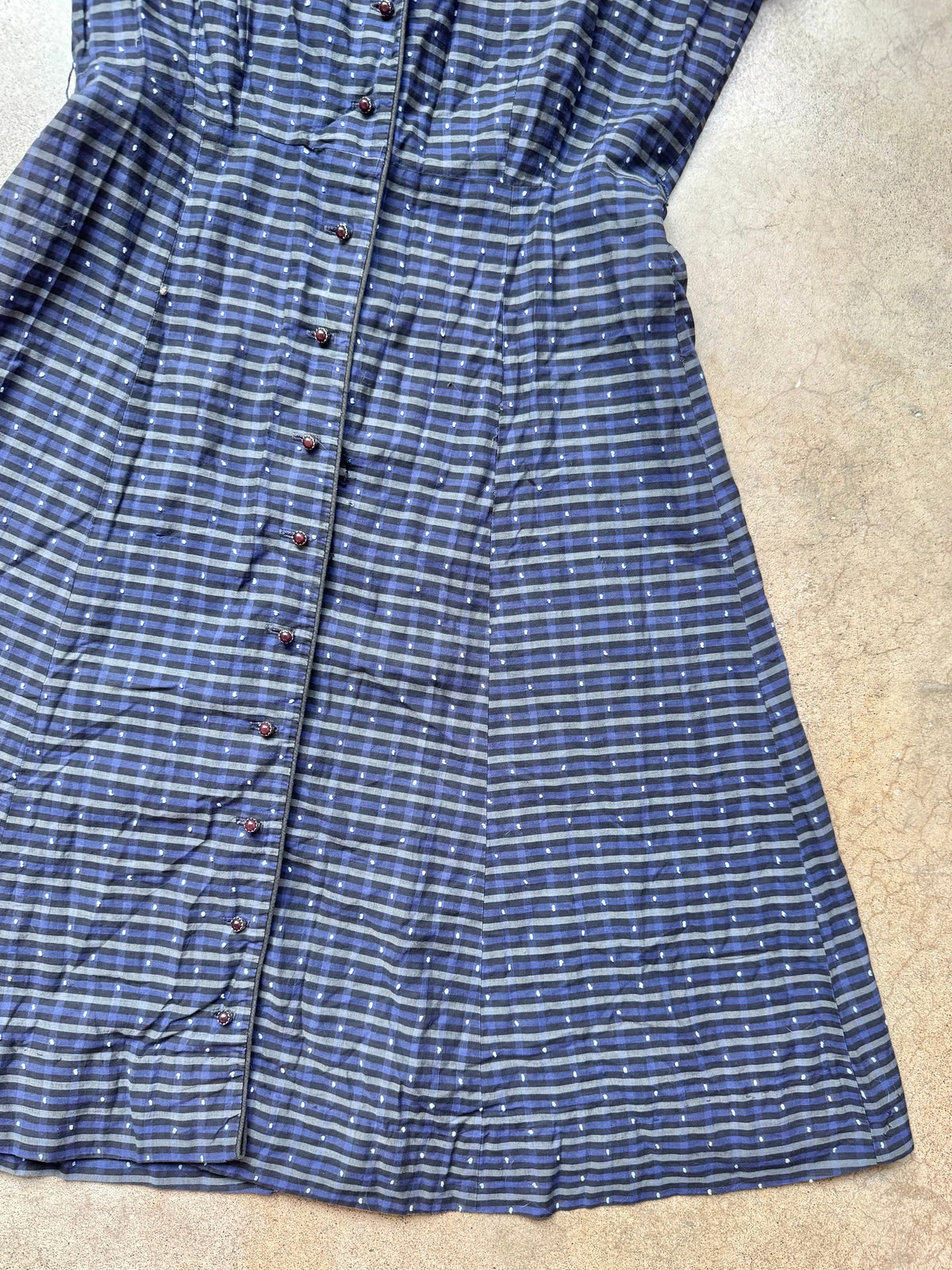 Vintage 1950s Berkshire Navy Swiss Dot Plaid Short Sleeve Button-Front Dress | XS