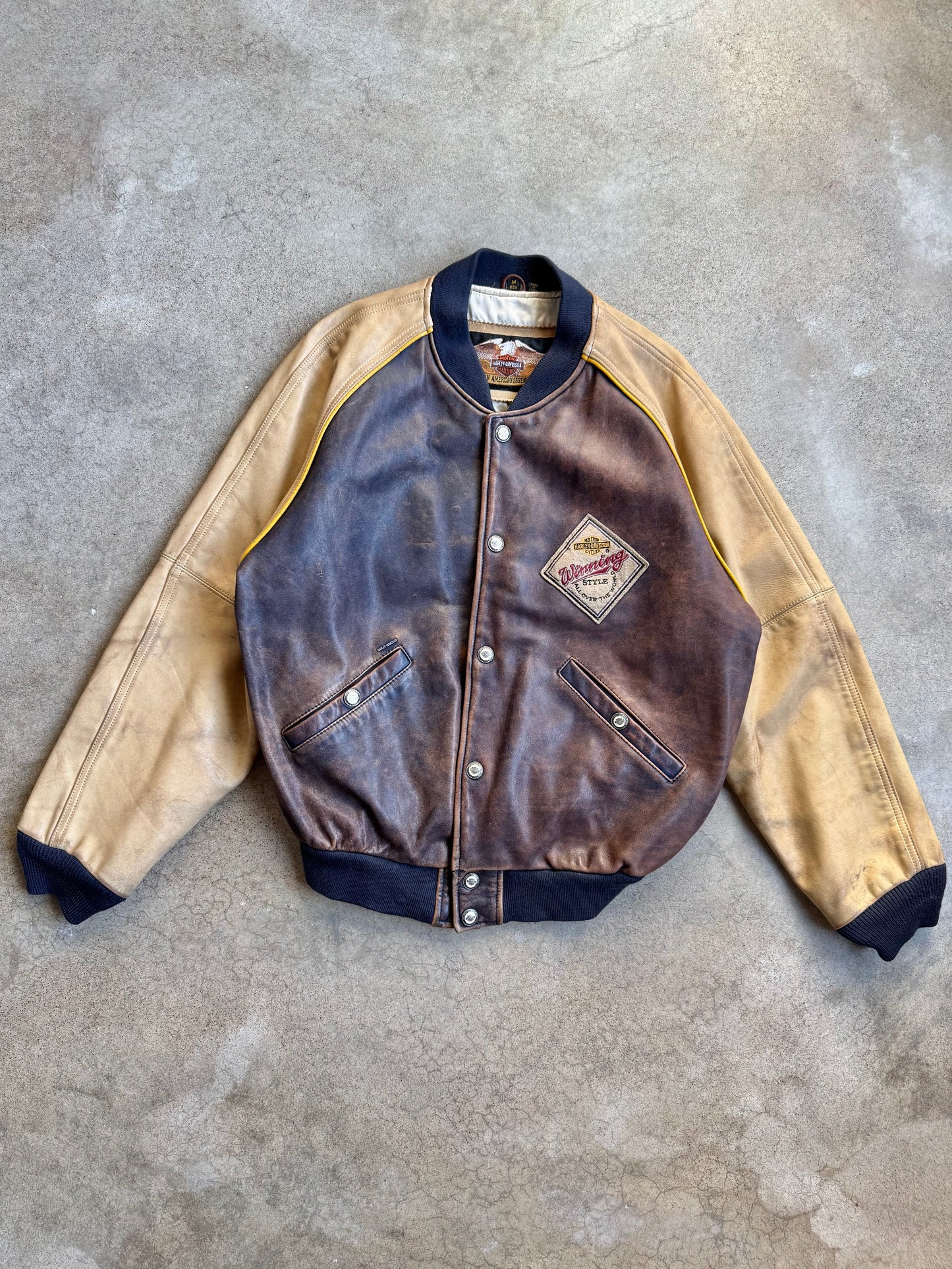 Vintage 1990s Harley Davidson Grand National Champion Leather Bomber Jacket | Medium