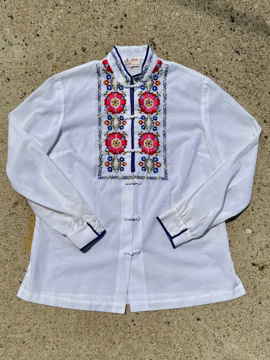 Vintage 1960s/70s Joy Floral Embroidered Asian Knot Blouse | Large