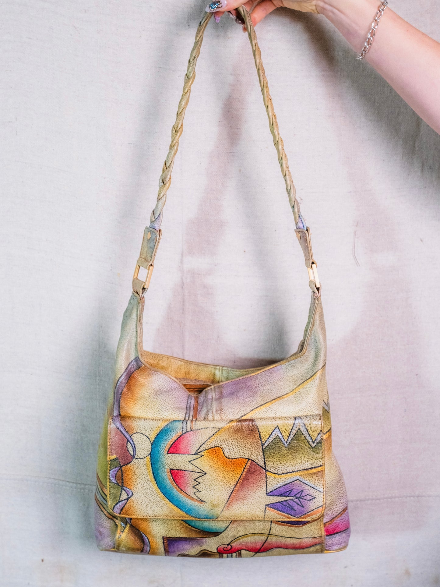 Vintage 1990s Southwestern Abstract Painted Leather Shoulder Bag