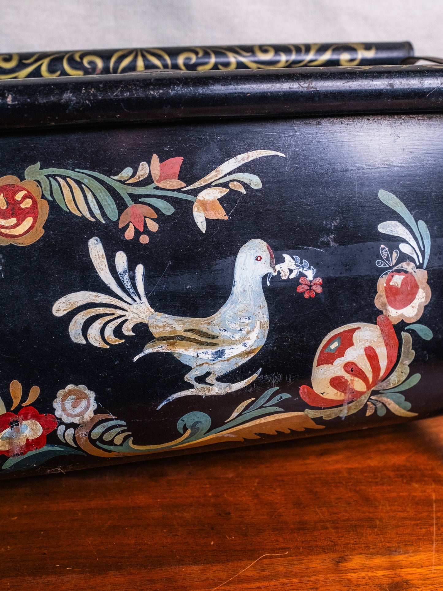 Vintage 1940s Black Metal Hand-Painted Tole-Style Magazine Holder