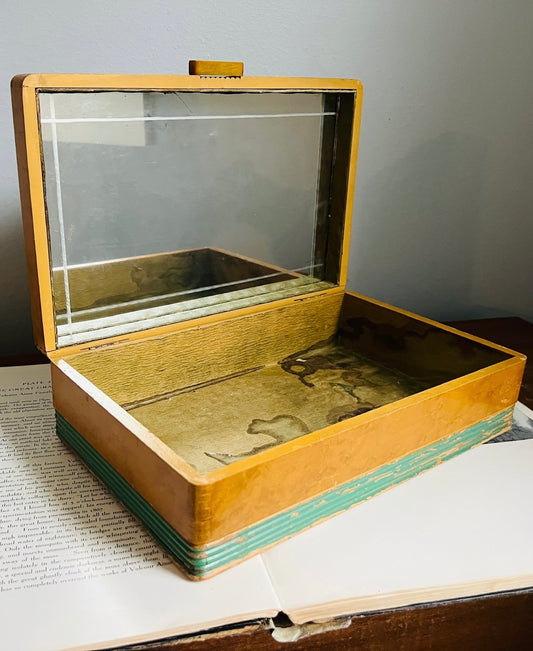 Vintage 1930s Burlwood Bakelite Handle Jewelry Box
