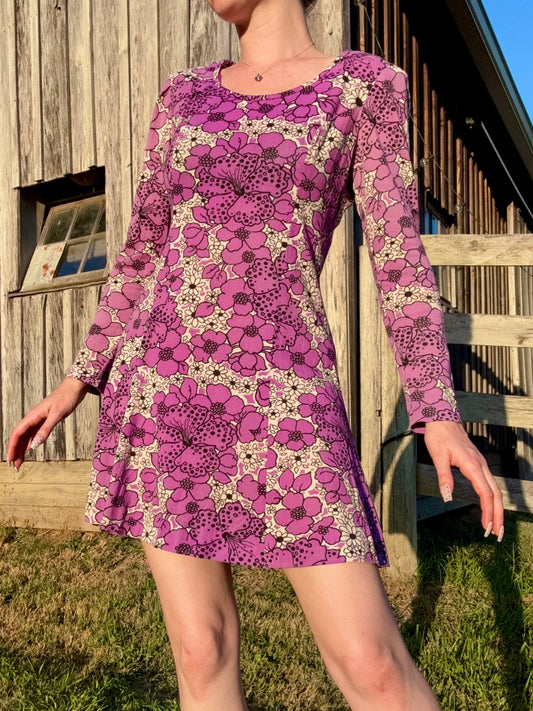 Vintage 1960s Patty O'Neil Purple Floral Long Sleeve Mini Dress | Medium
