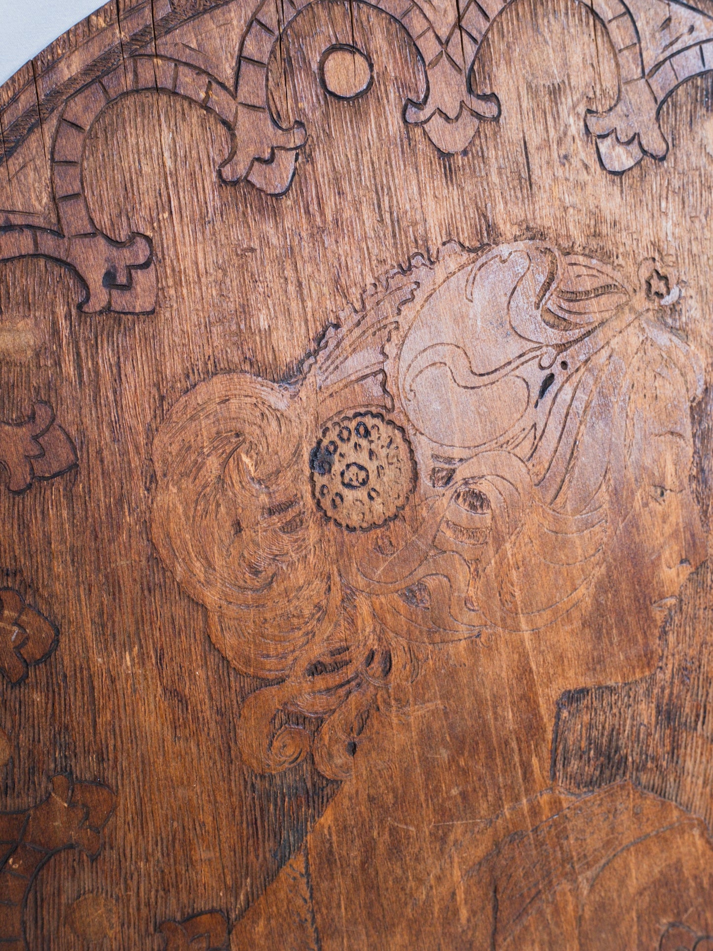 Antique 1900s Art Nouveau Round Flemish Wood Pyrography Woman Portrait Wall Art