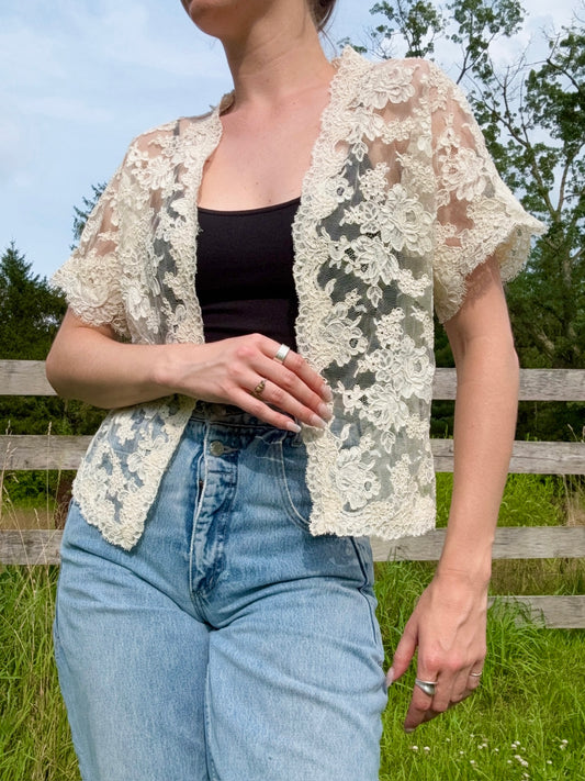Vintage Cream Lace Short Sleeve Cardigan | Medium