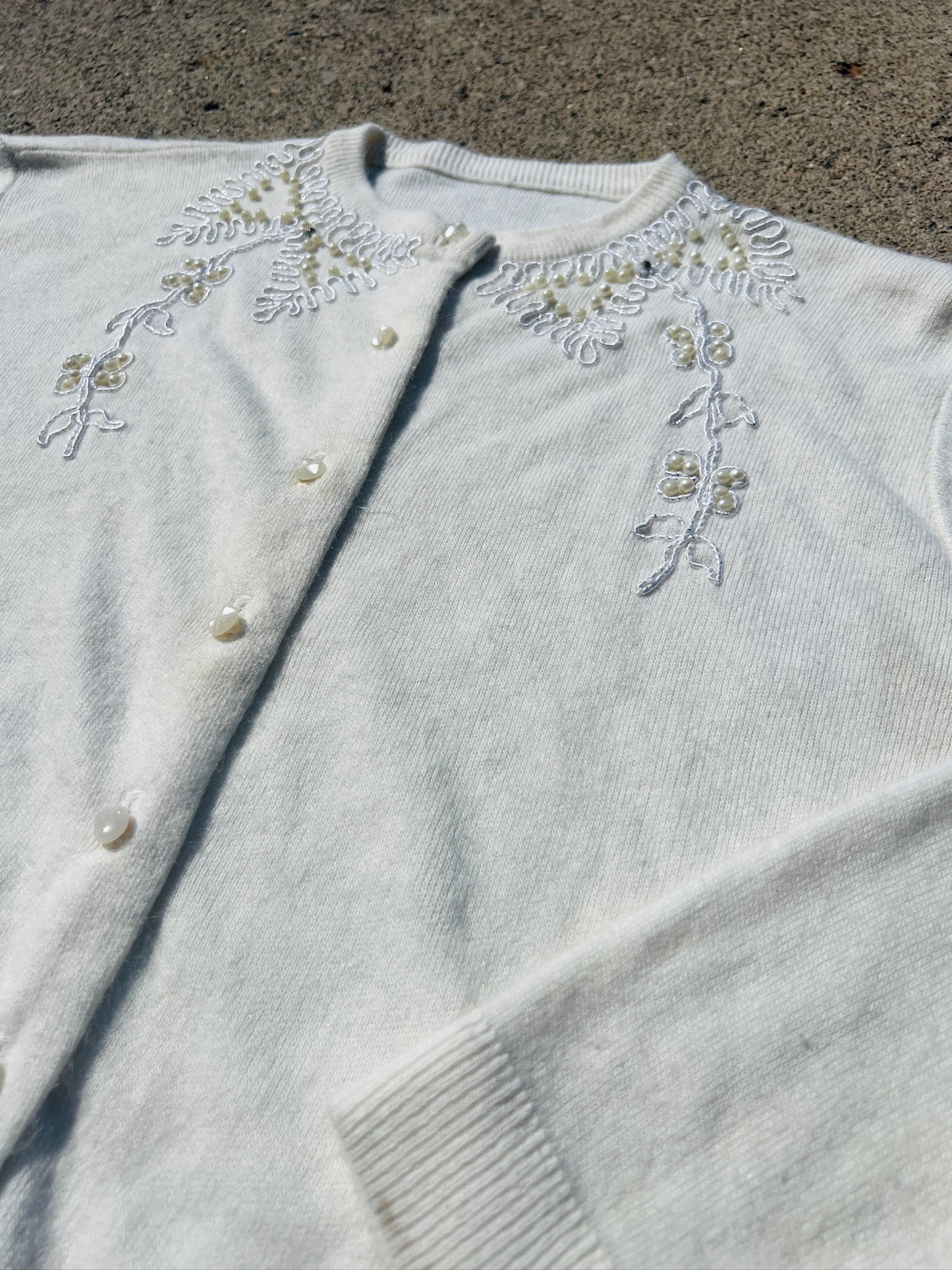 Vintage 1950s White Beaded Cashmere Cardigan | S/M