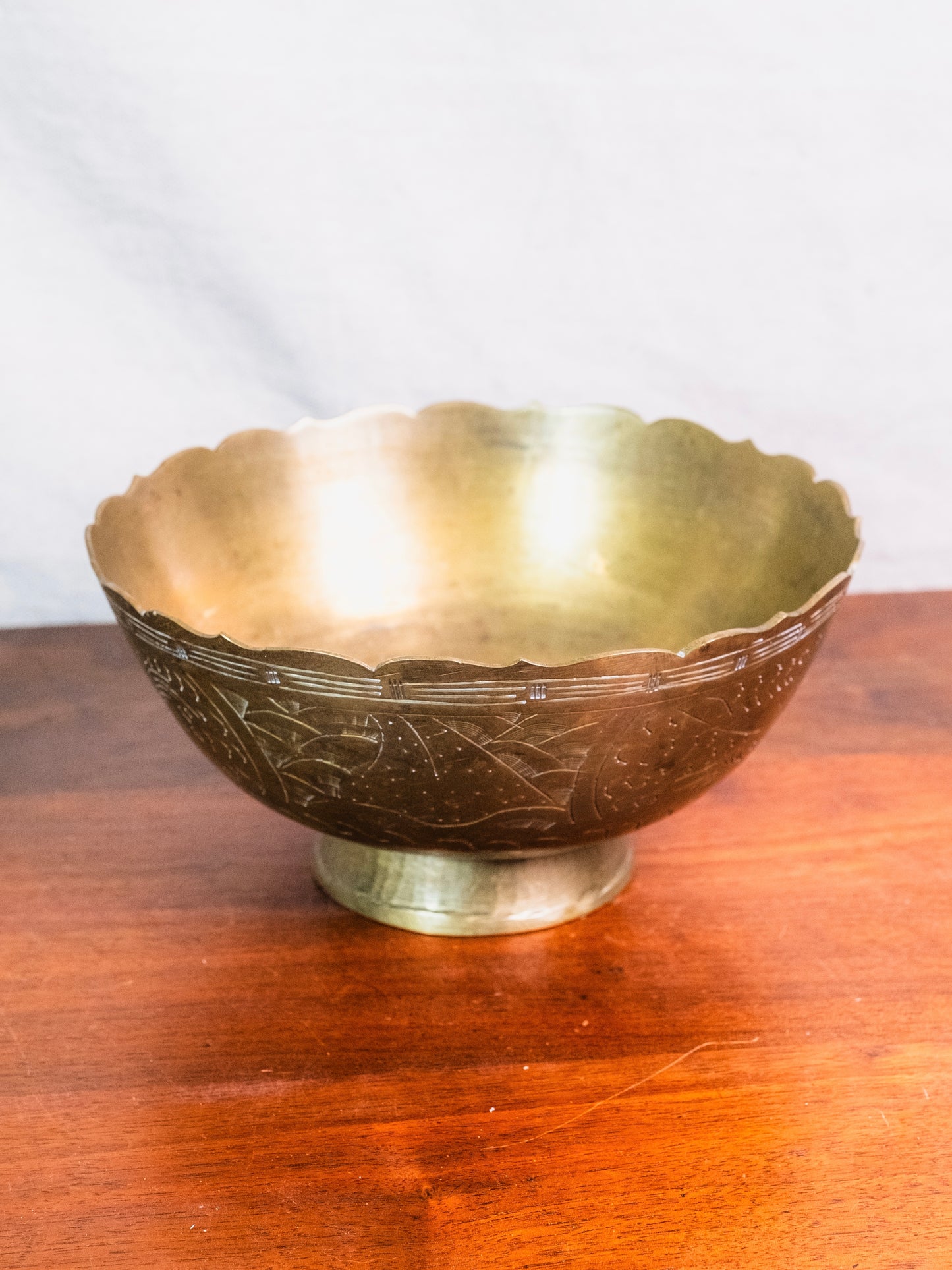 Vintage 1950s Solid Brass Etched Pedestal Bowl