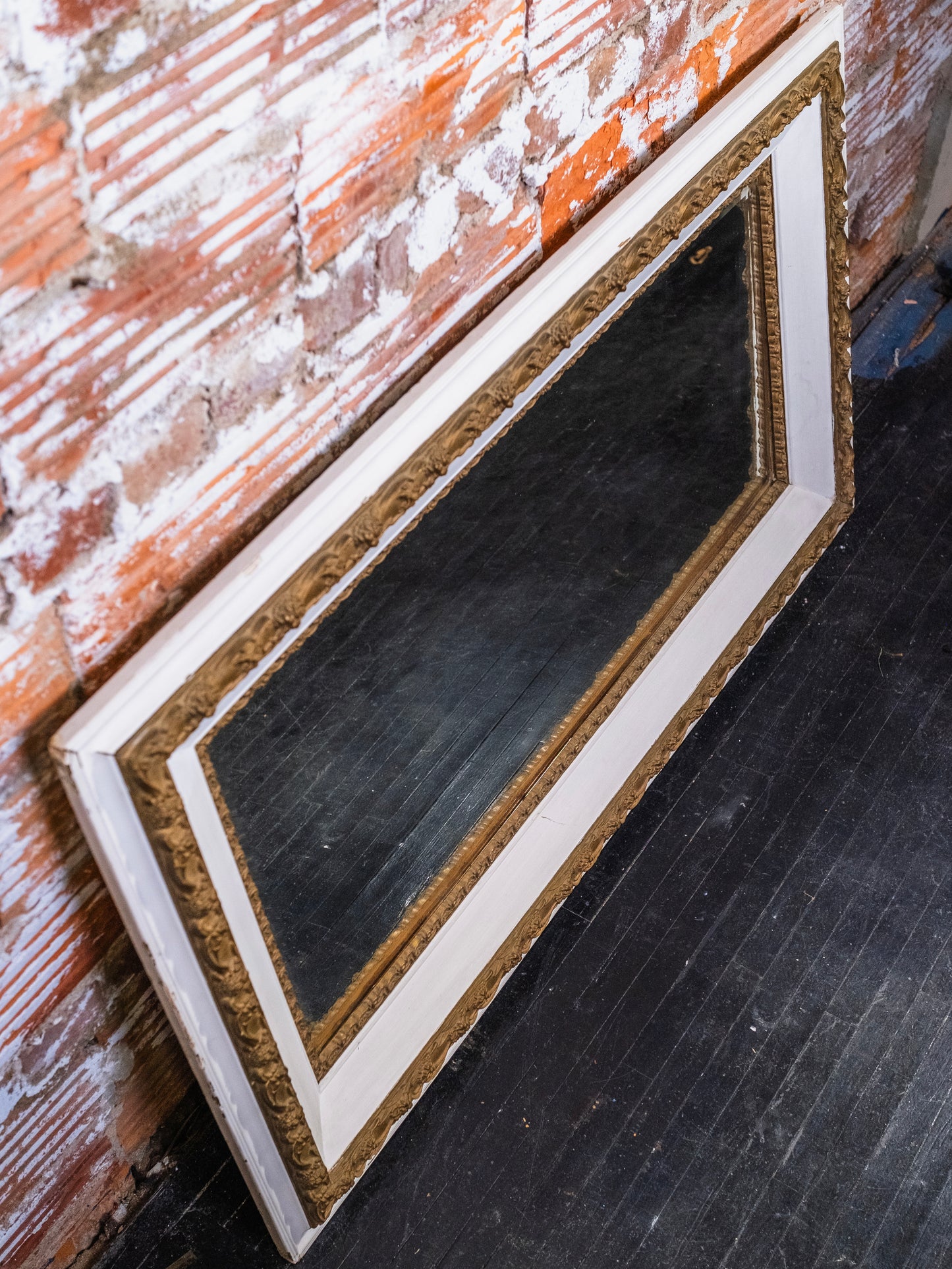 Antique 19th-Century White Frame & Gold Ornate Plaster Molded Border Mirror