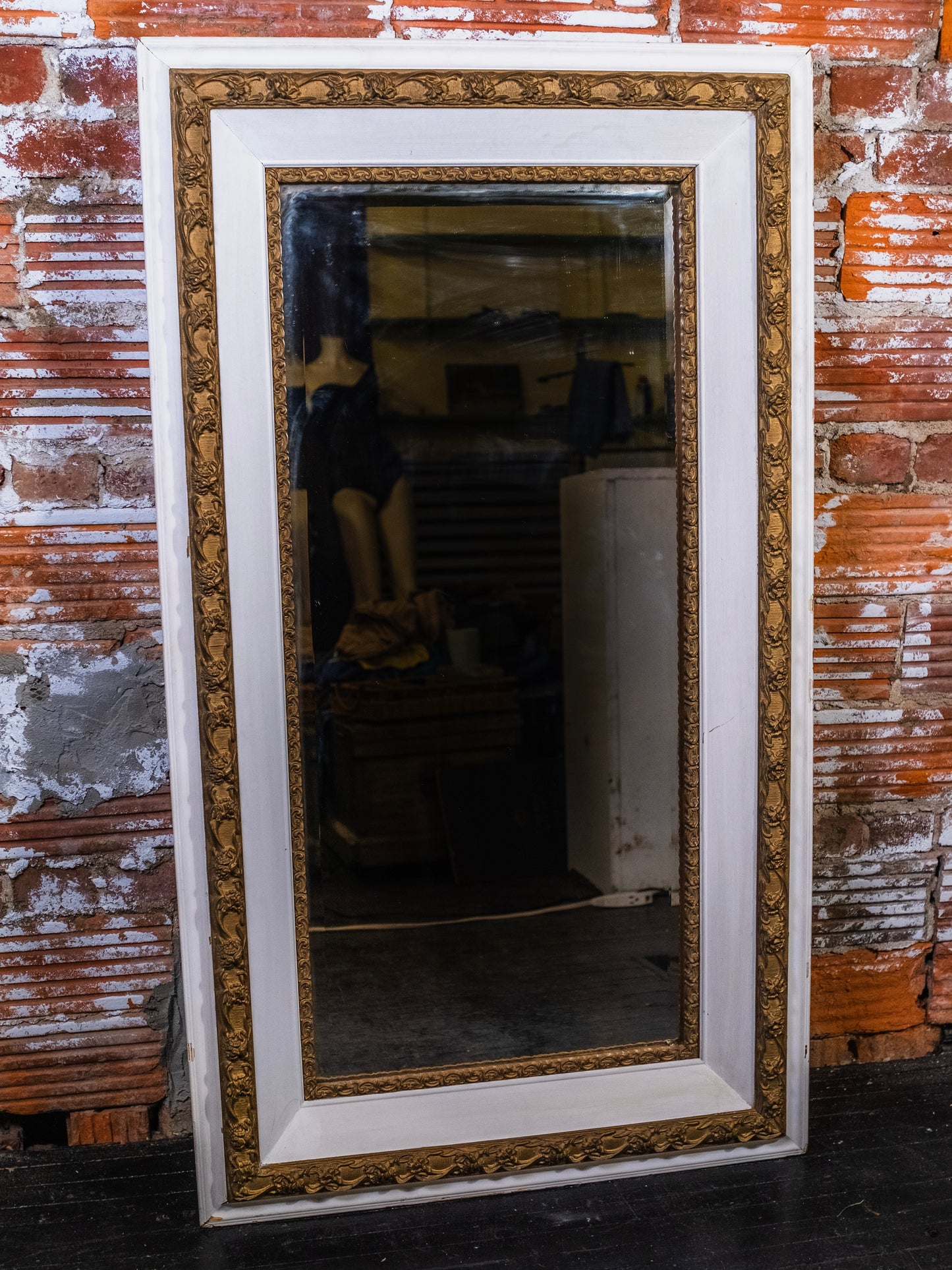 Antique 19th-Century White Frame & Gold Ornate Plaster Molded Border Mirror