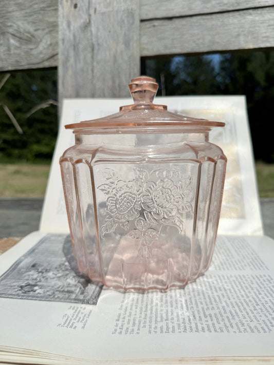 Vintage 1930s Anchor Hocking Open Rose Pale Pink Depression Glass Canister