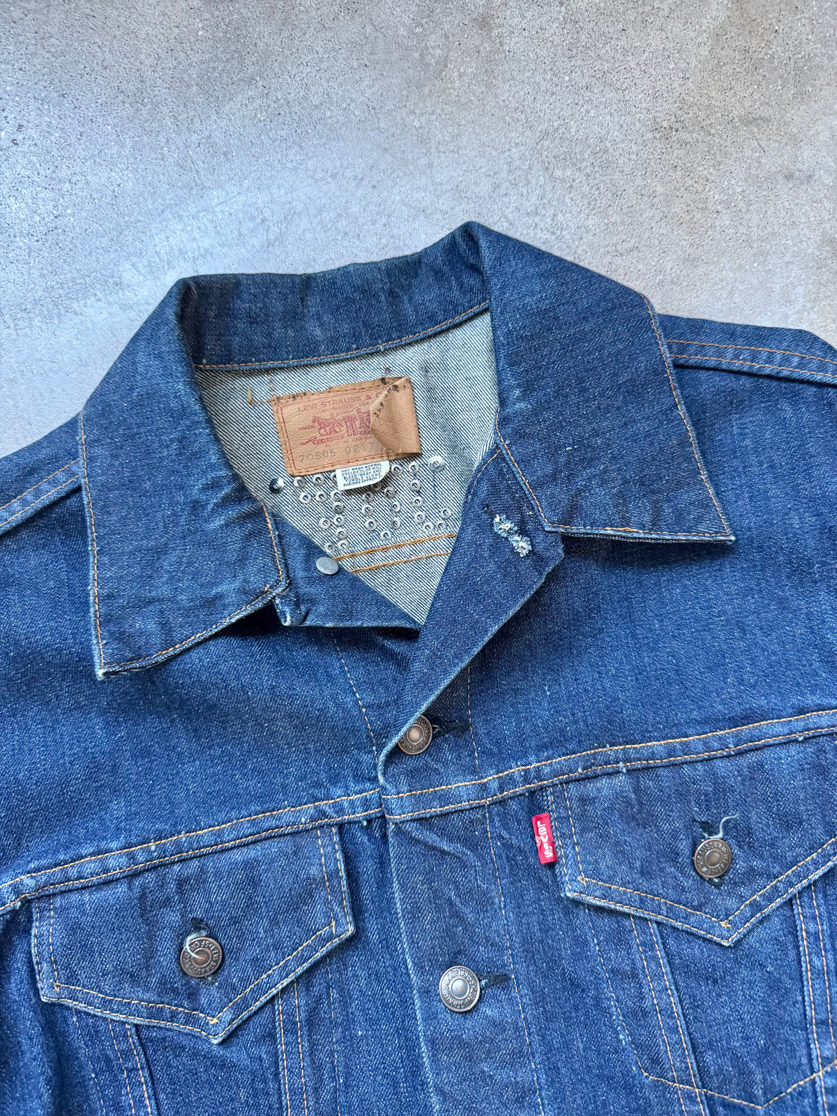 Vintage 1970s Levi’s Type III Rhinestone Dark Wash Denim Jacket | 42