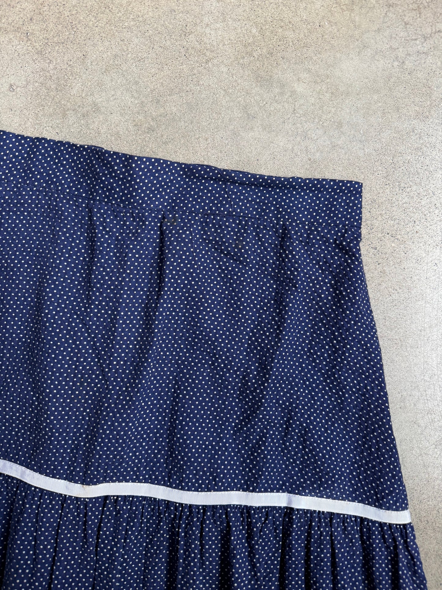Vintage 1960s Blue & White Polka Dot Cotton Tiered Western Skirt | Waist 30”
