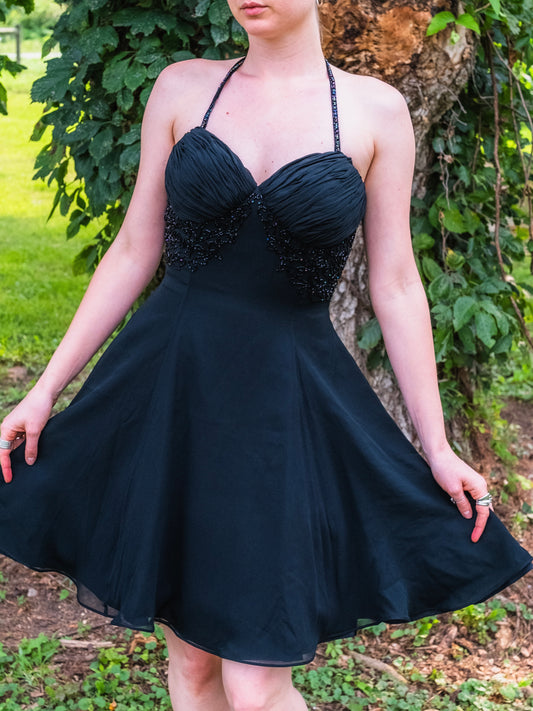 Vintage 1990s Mike Benet Formals Black Silk Beaded Mini Party Dress | S/M