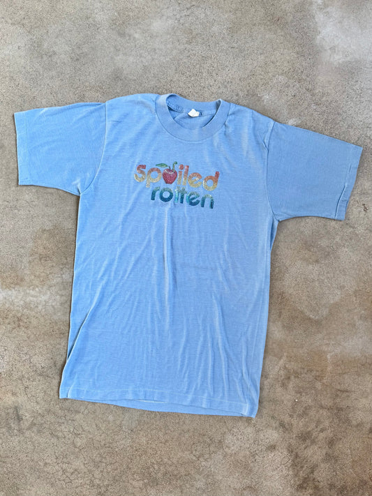 Vintage 1970s Blue “Spoiled Rotten” Rainbow Sparkle Graphic Tee | Medium
