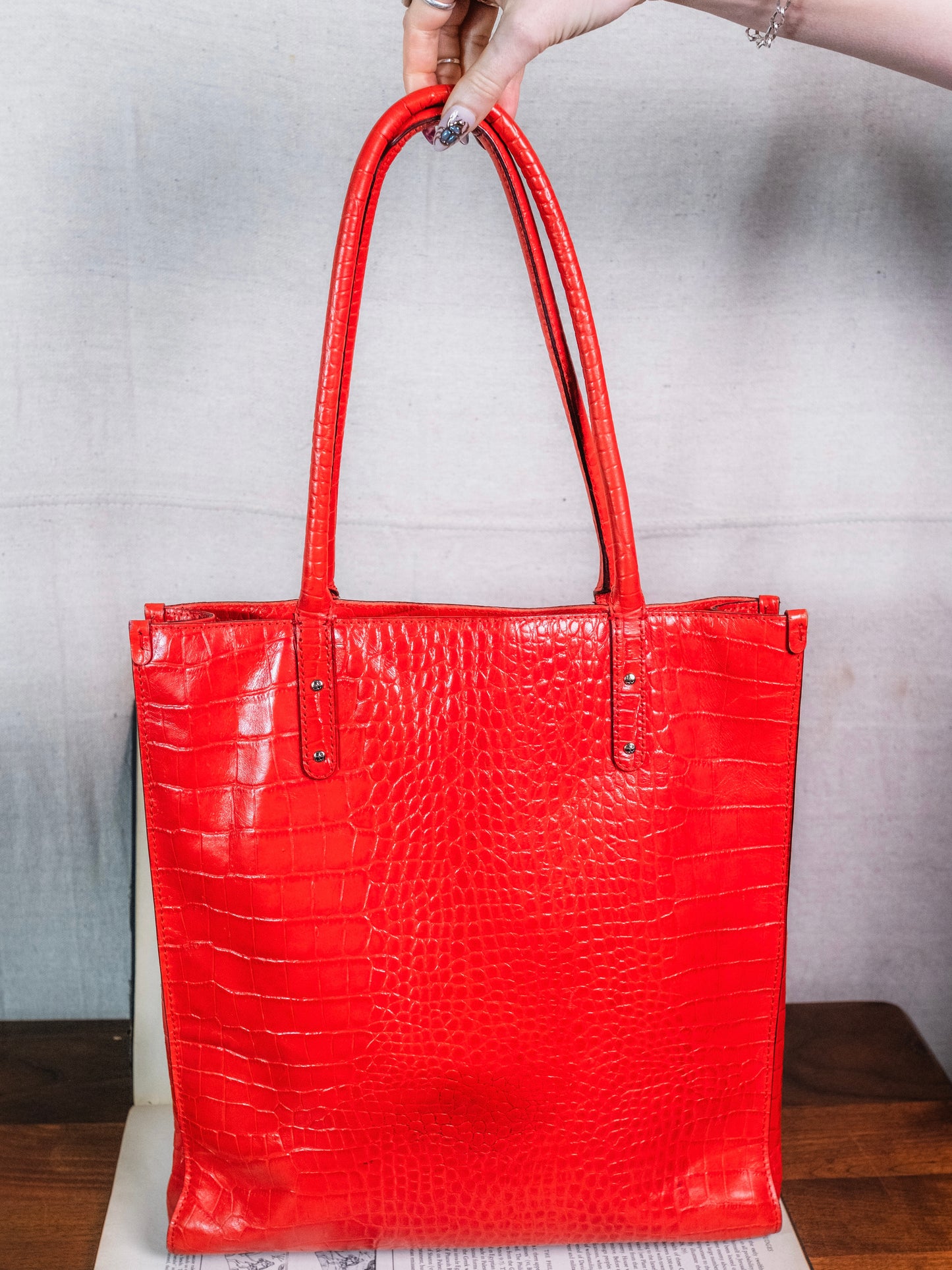 2000s Kate Spade Red Croc Embossed Leather Top Handle Bag