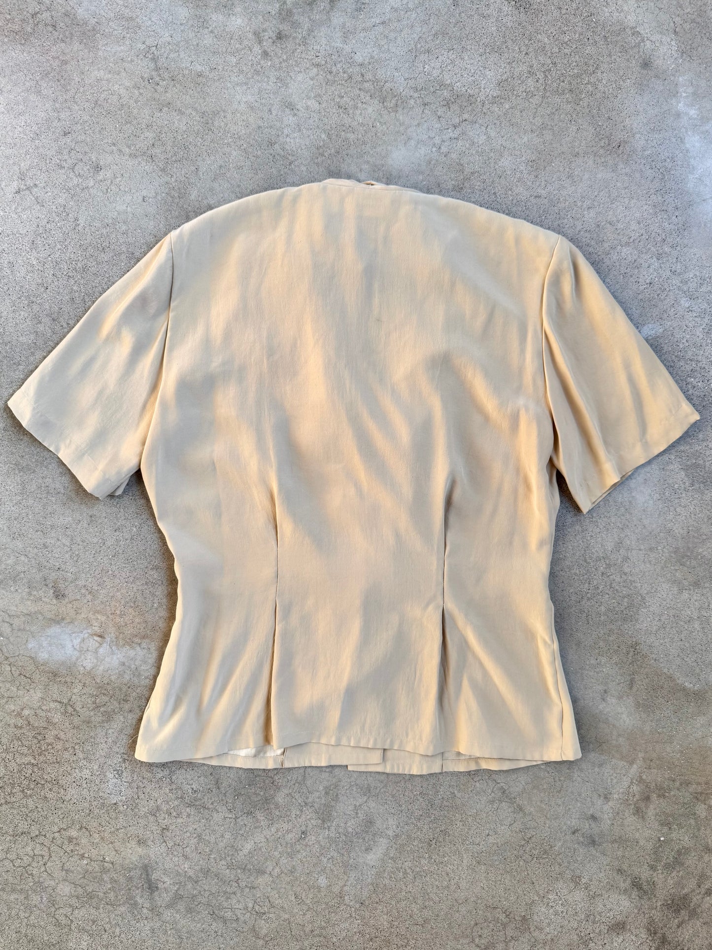 Vintage 1980s/90s Dana Buchman Beige Silk Draped V-Neck Blouse | Medium