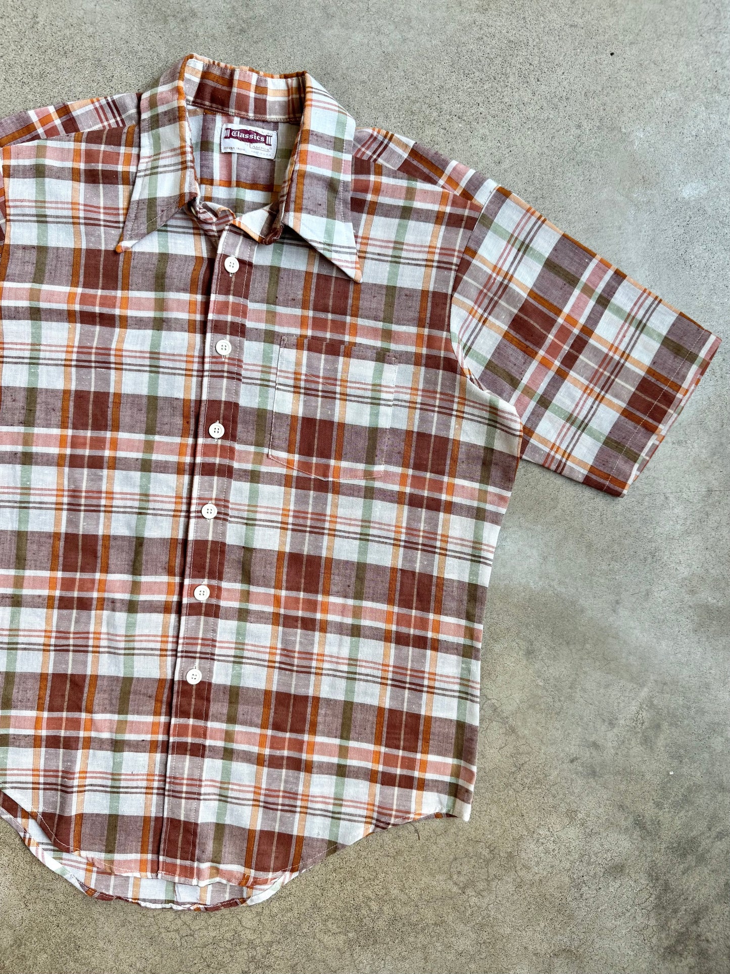 Vintage 1960s Classics By Campus Brown Plaid Short Sleeve Shirt | Large