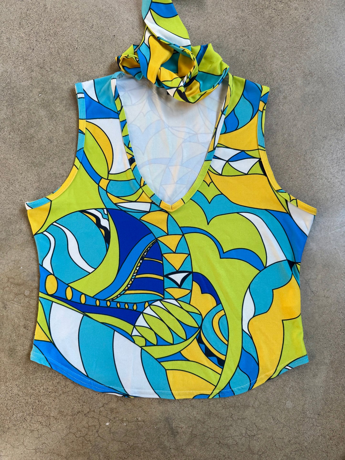 Vintage 1990s B.A.D. Psychedelic Printed Tie Neck Sleeveless Blouse | Large