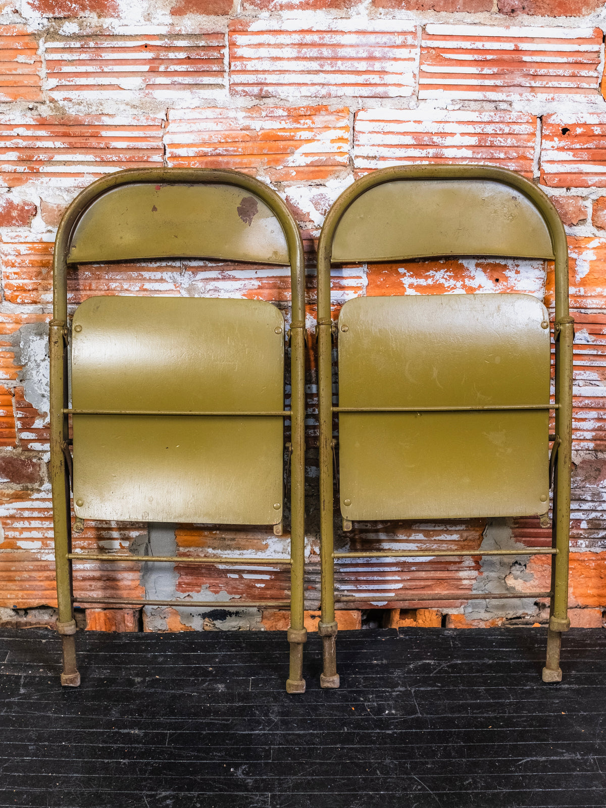 Vintage Green Metal & Wood Seat Folding Chairs | Set of 2