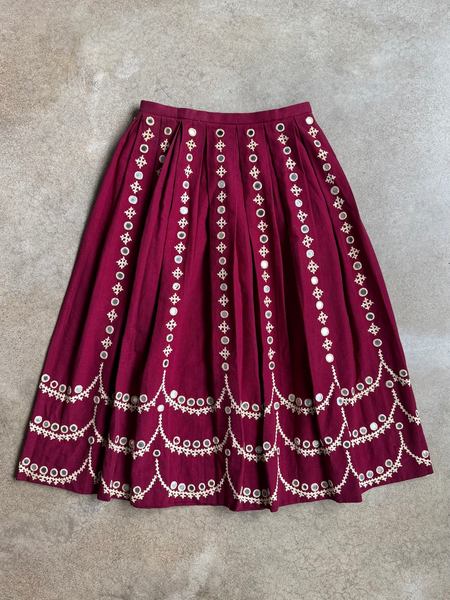 Vintage Burgundy Mirror Sequin Embroidered Pleated Skirt | Waist 26”