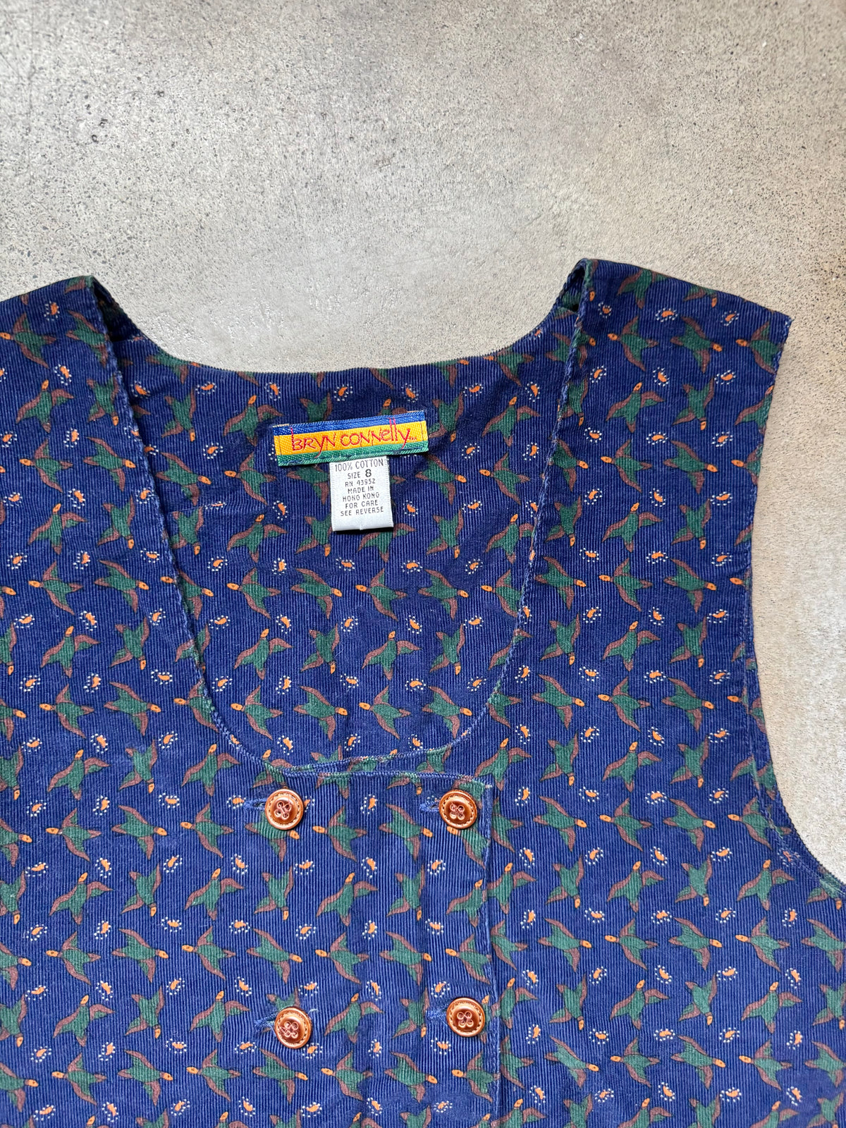 Vintage 1980s/90s Bryn Connelly Navy Duck Pattern Corduroy Pinafore Dress | Medium