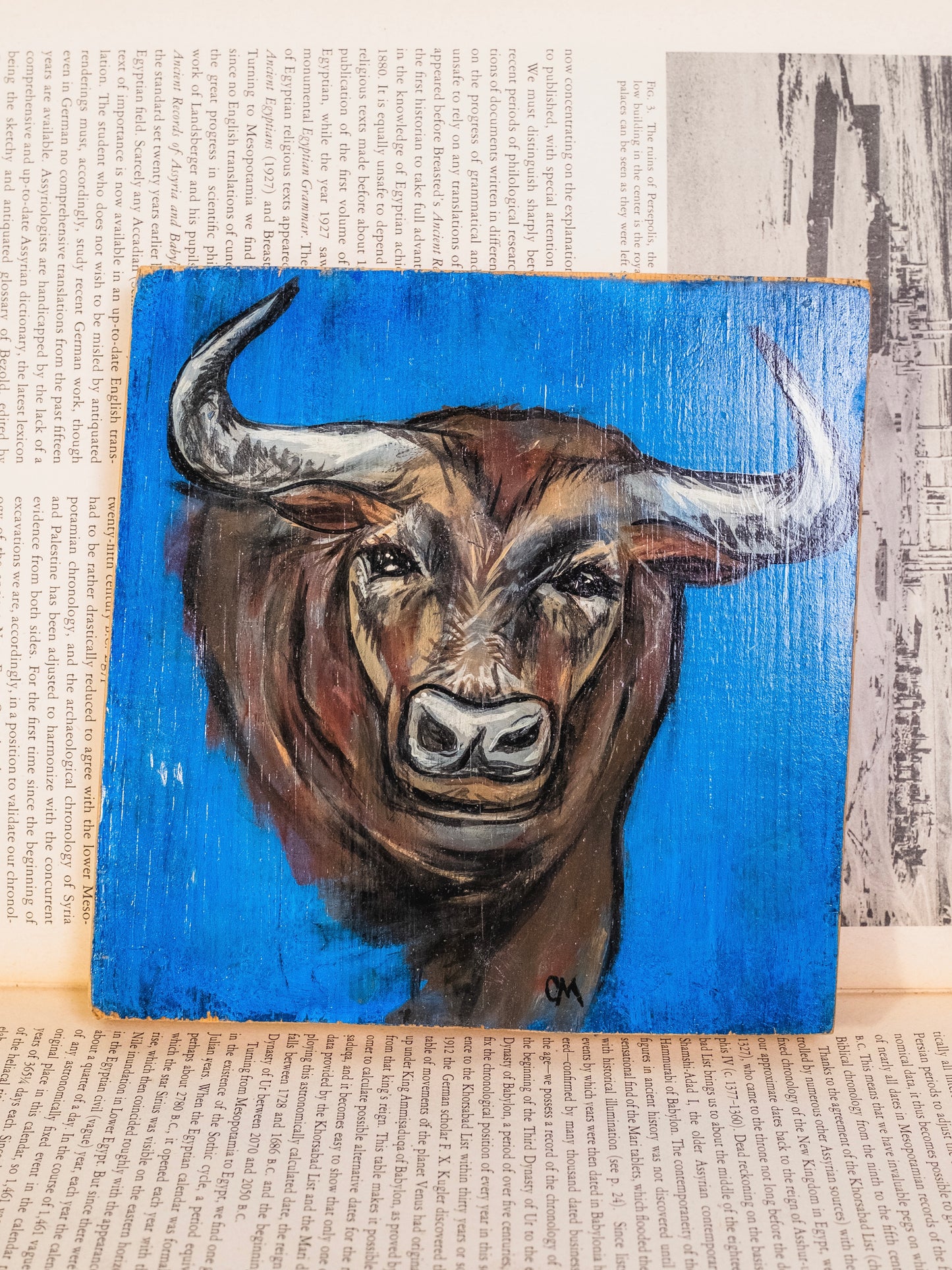 Vintage Hand-Painted Bull Oil on Wood Artwork