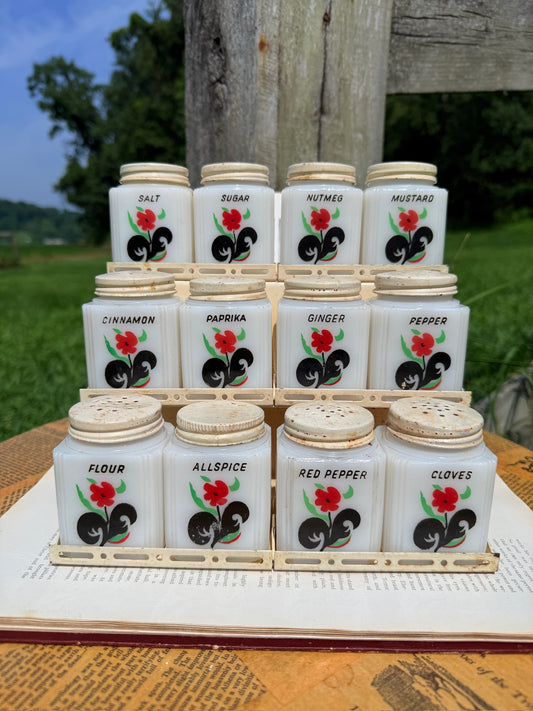 Vintage 1930s McKee Tipp City Milk Glass Spice Jar Set w/ Rack