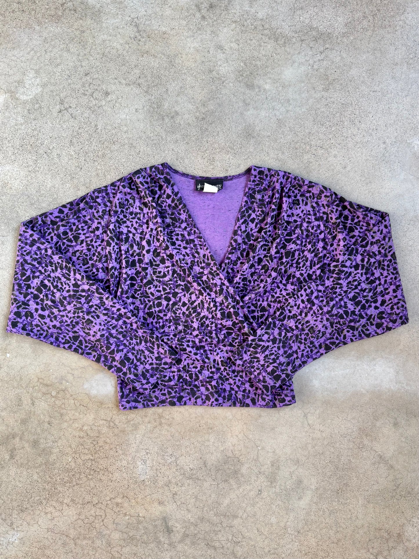 Vintage 1980s Necessary Objects Purple & Black Abstract Cropped Wrap Top | Small