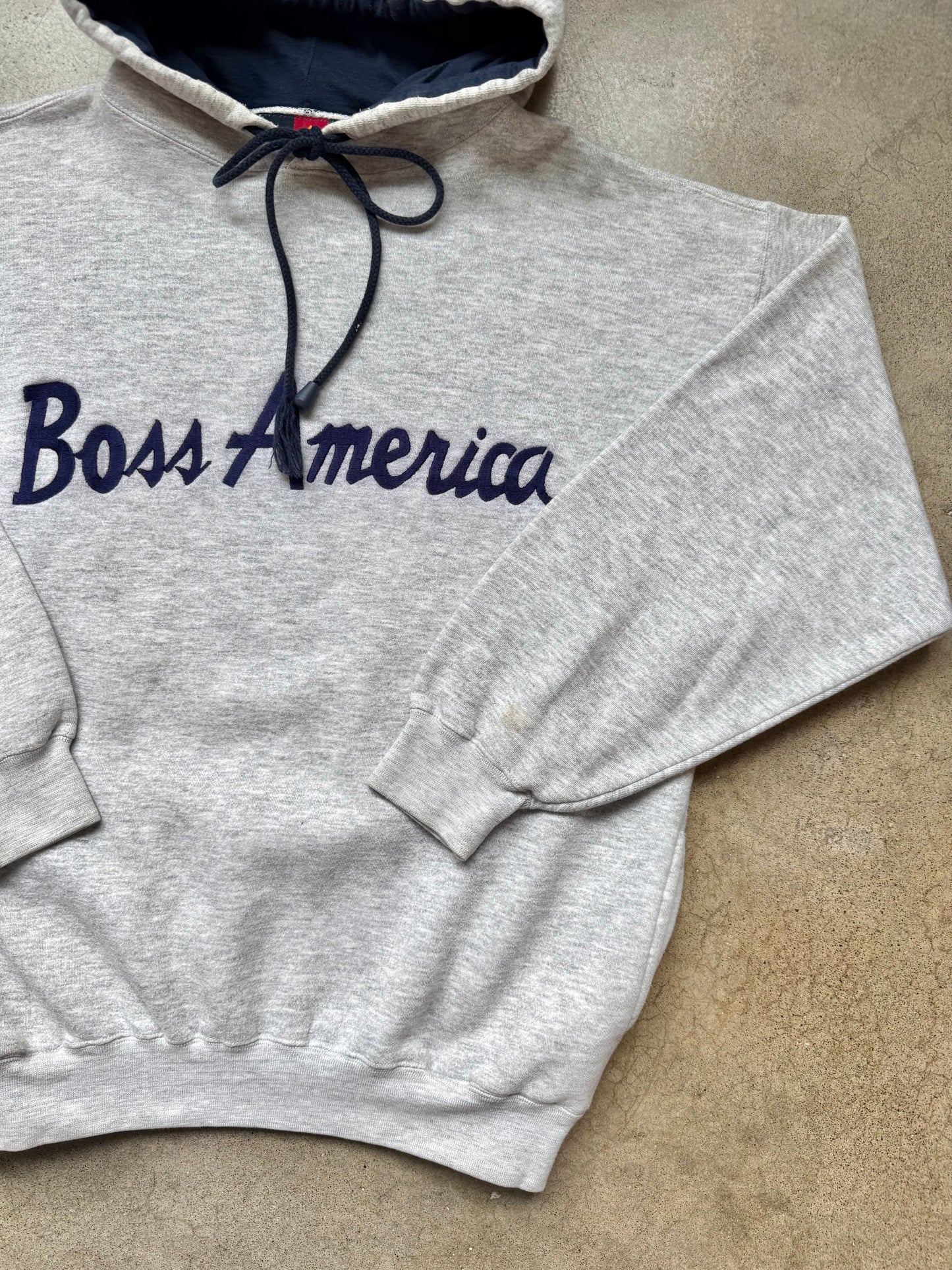 Vintage 1990s Boss America Grey & Navy Hoodie Sweatshirt | Medium