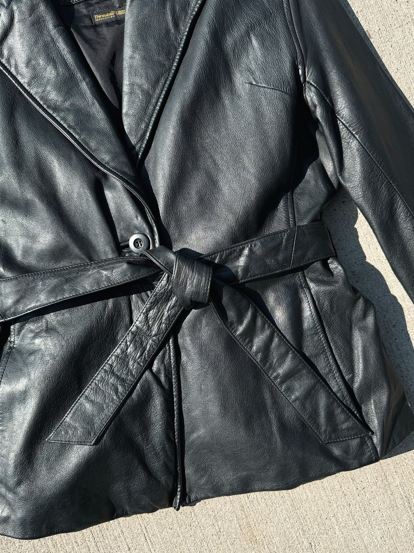 Vintage 1990s Wilson’s Tie Waist Black Leather Jacket | Medium