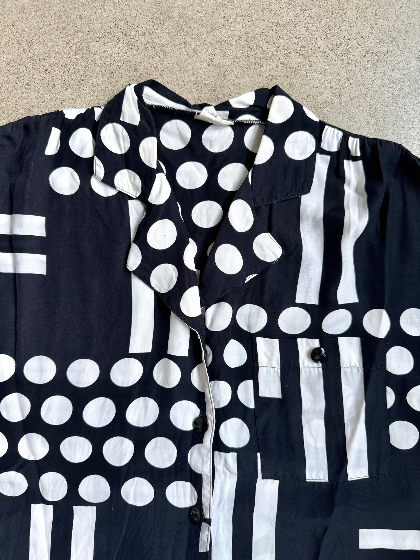 Vintage 1980s Black & White Geometric Polka Dot Blouse | S/M