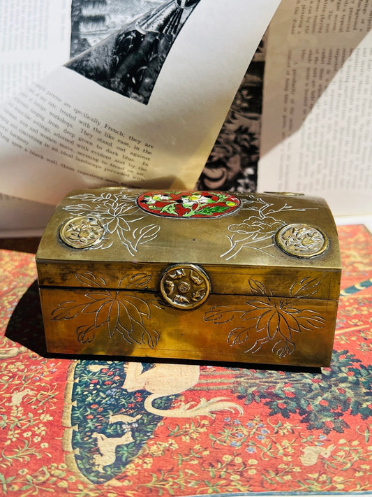 Vintage 1950s Brass Floral Painted Inlay Trinket Box