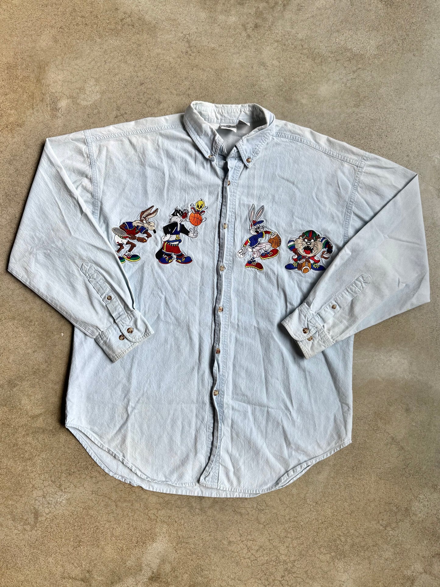 Vintage 1990s ACME Looney Tunes Embroidered Denim Shirt | Medium